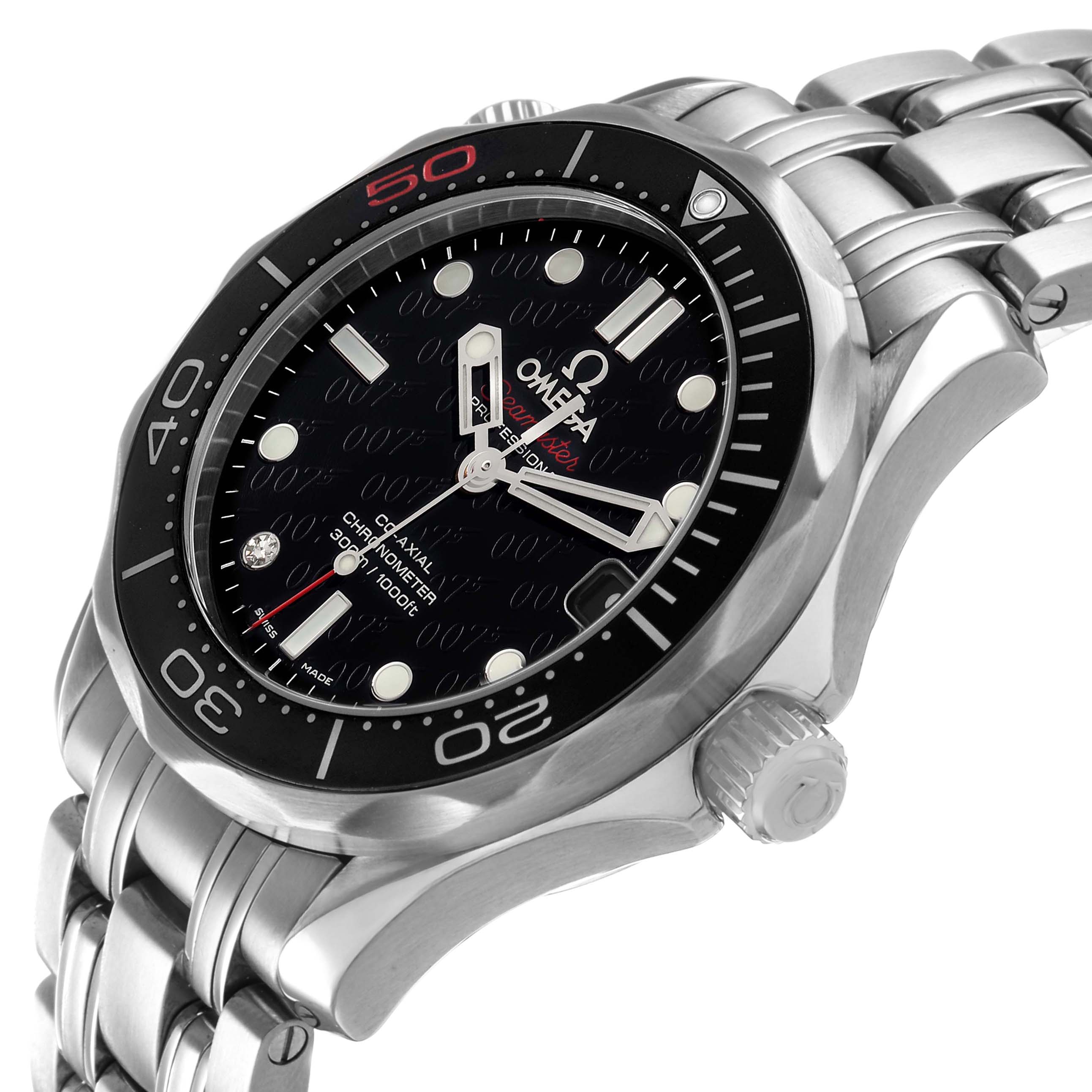 The Omega Seamaster 212.30.36.20.51.001 Men's Stainless Steel Black Dial model is shown at an angled side view, displaying the bezel, crown, and stainless steel bracelet.