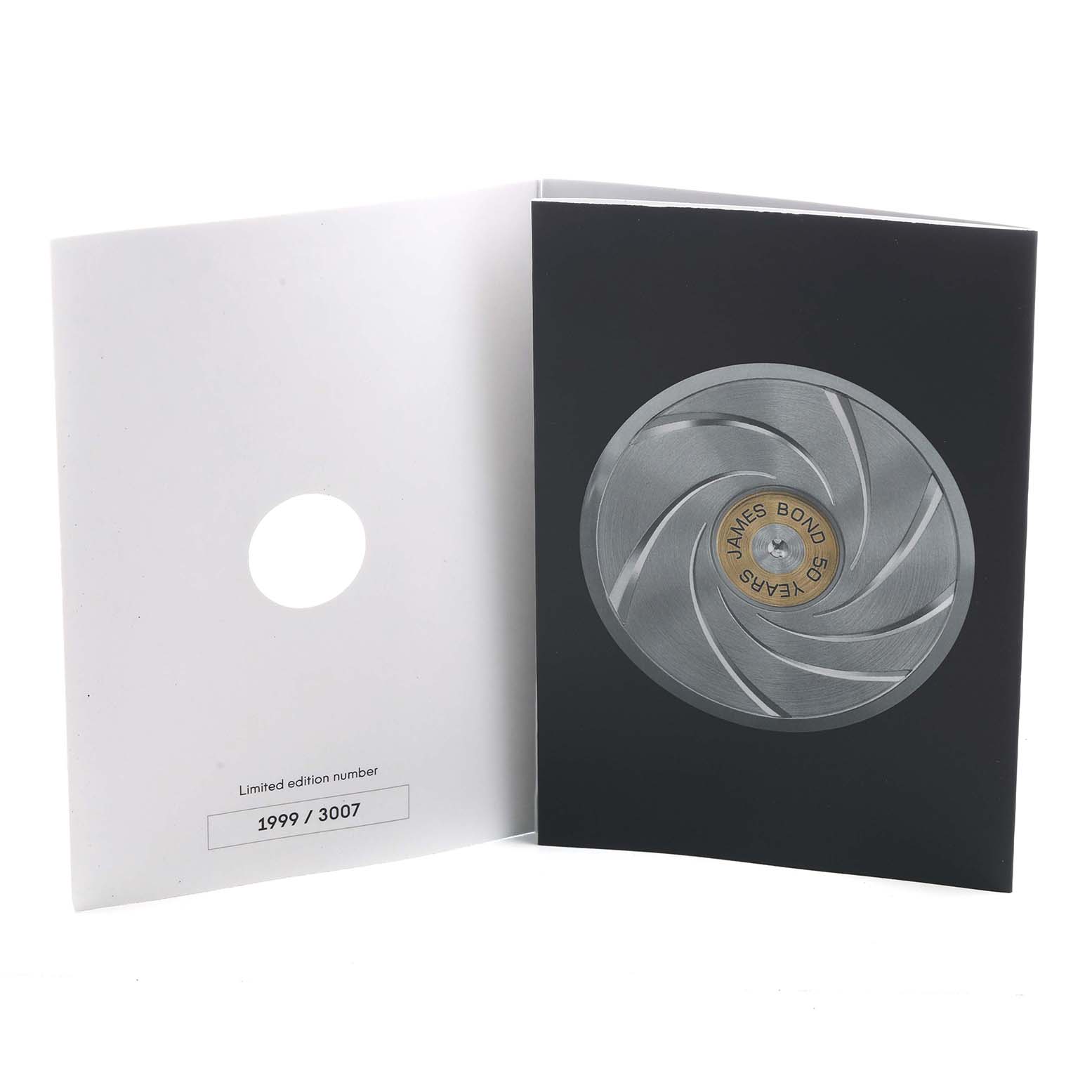 The image shows the packaging for the Omega Seamaster 212.30.36.20.51.001 Men's Stainless Steel Black Dial, featuring a James Bond 50th anniversary design with a limited edition number inside.