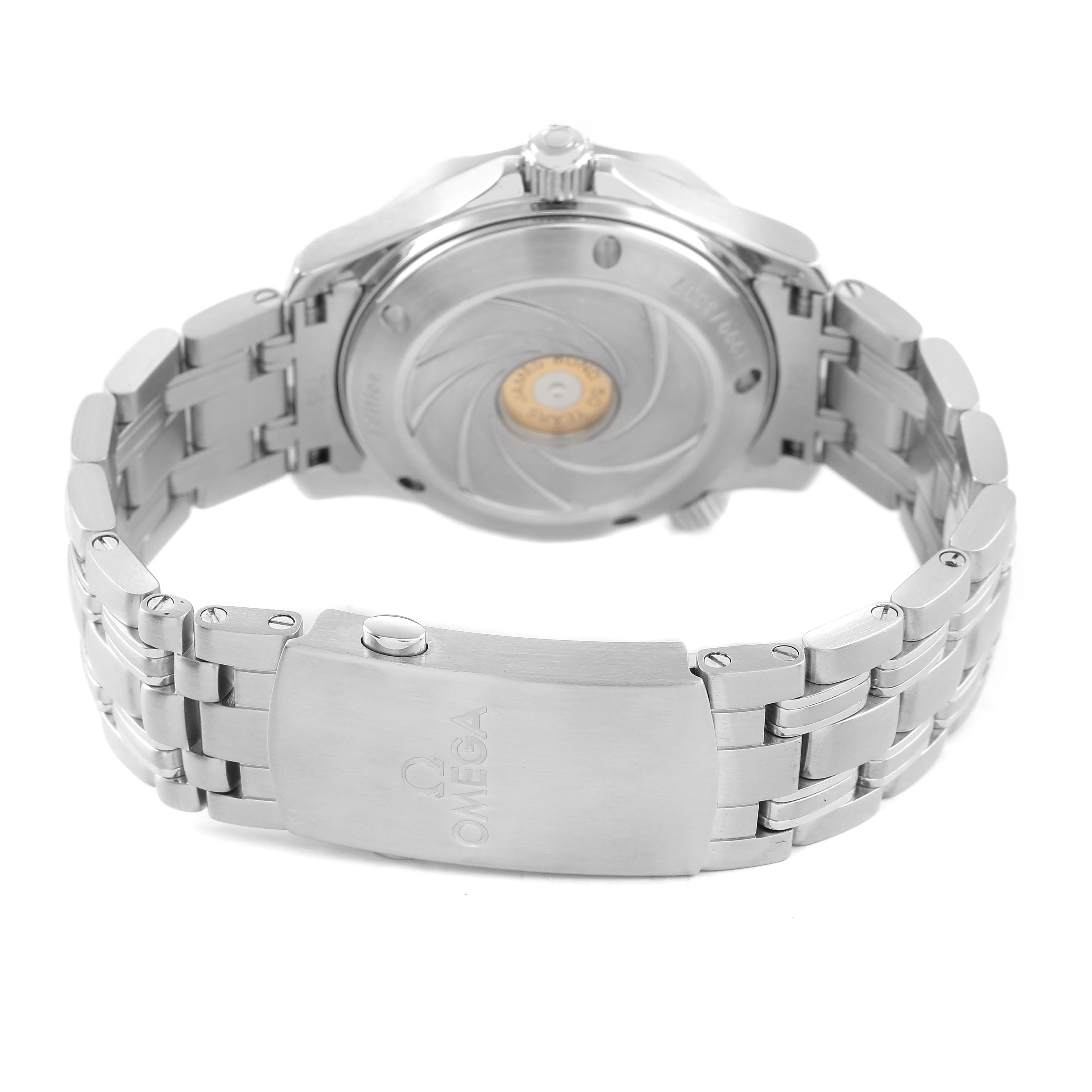 The image shows the back and bracelet of an Omega Seamaster 212.30.36.20.51.001 Men's Stainless Steel Black Dial watch, highlighting the case back and clasp.