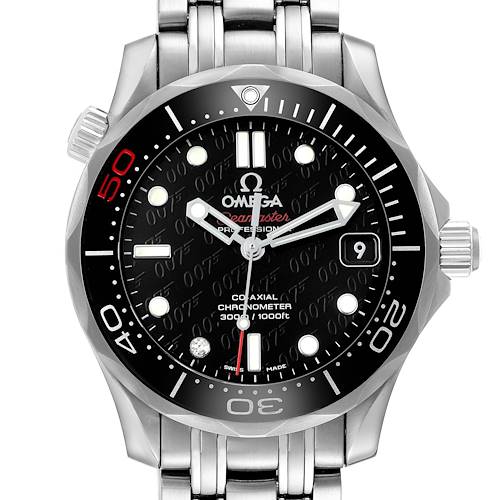 The Omega Seamaster 212.30.36.20.51.001 Men's Stainless Steel Black Dial watch is shown from the front, highlighting the dial, bezel, hands, and bracelet.