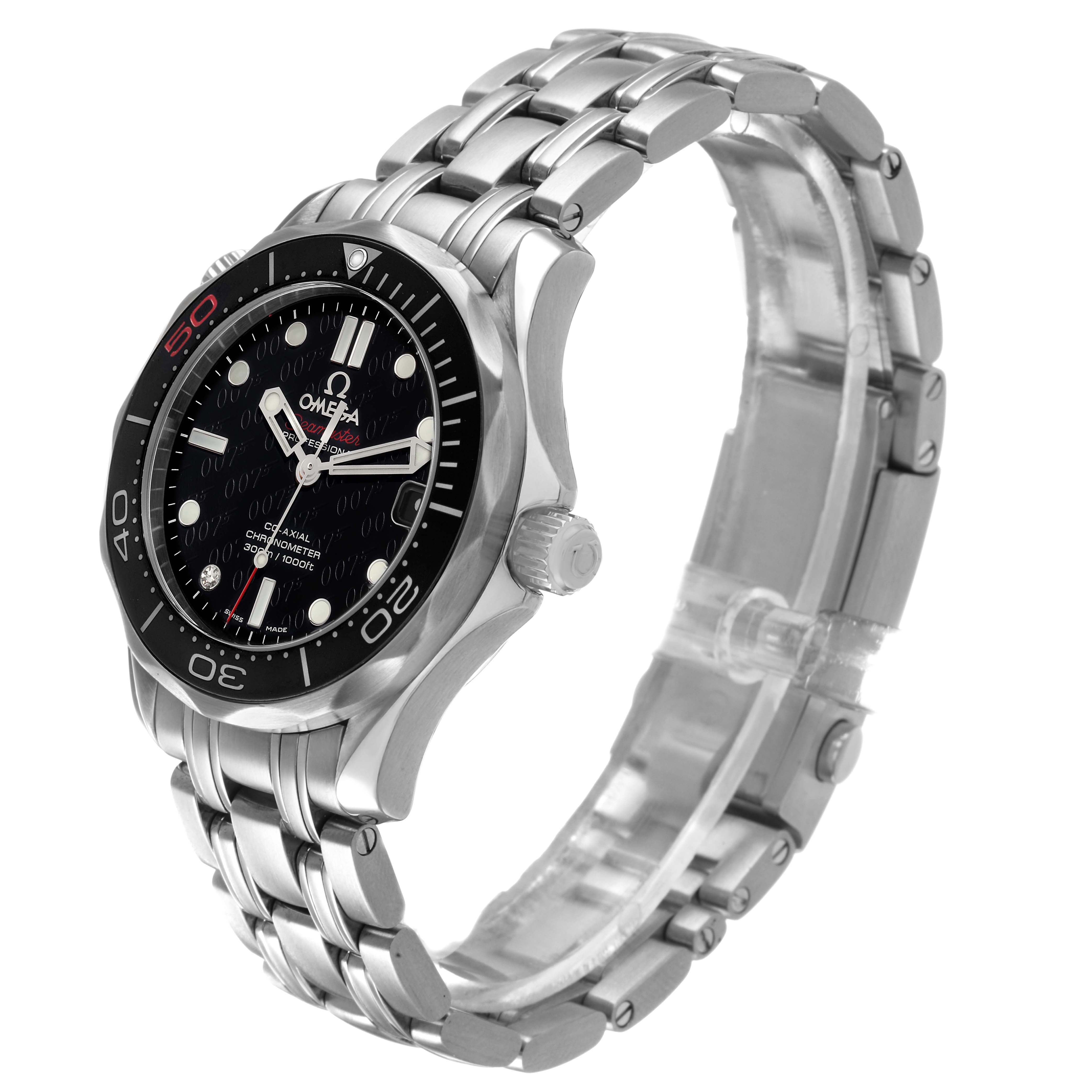 The Omega Seamaster 212.30.36.20.51.001 Men's Stainless Steel Black Dial watch is shown from a three-quarter angle displaying the face, bezel, crown, and metal bracelet.