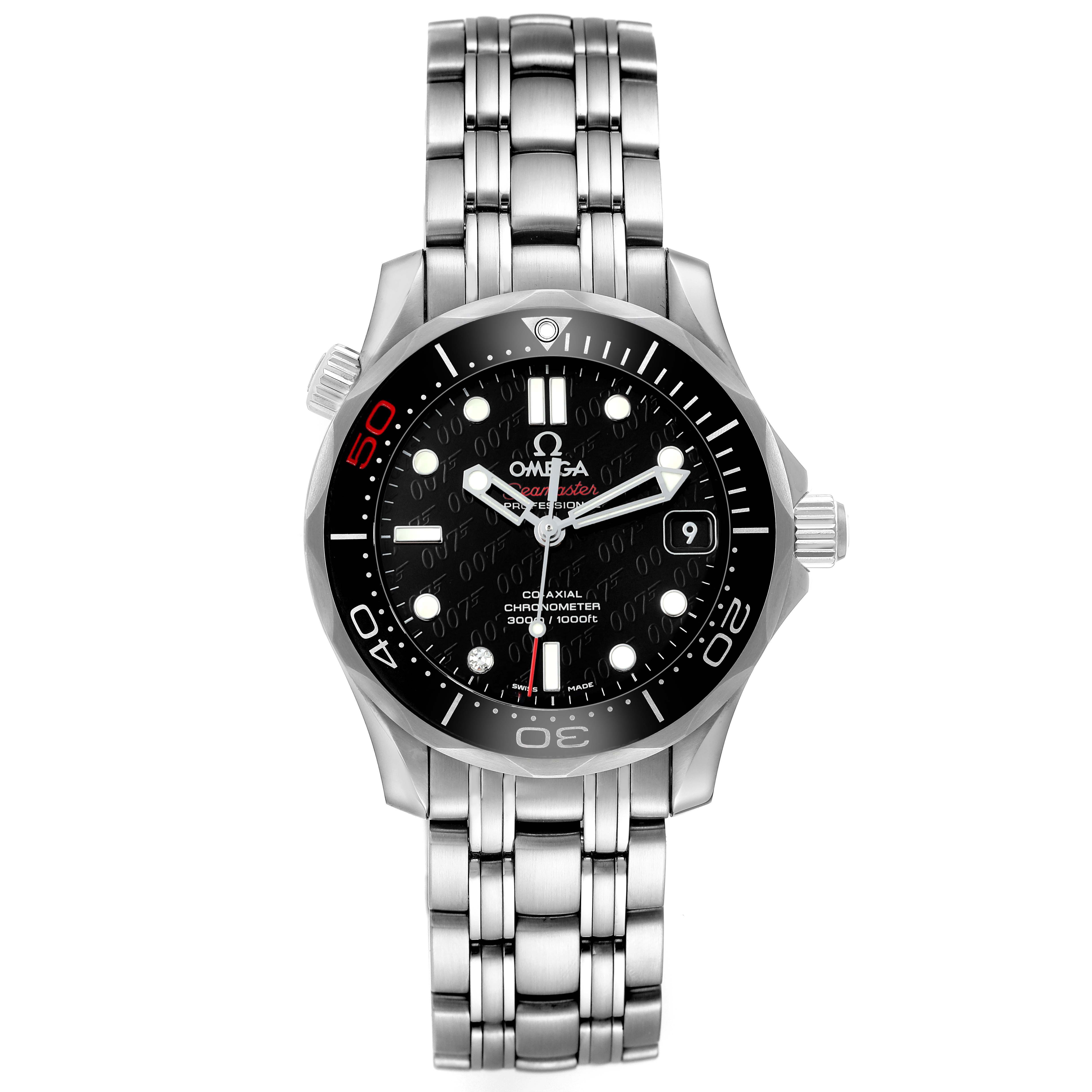 The Omega Seamaster 212.30.36.20.51.001 Men's Stainless Steel Black Dial watch is shown from a top-down angle, displaying the dial, bezel, hands, and bracelet.