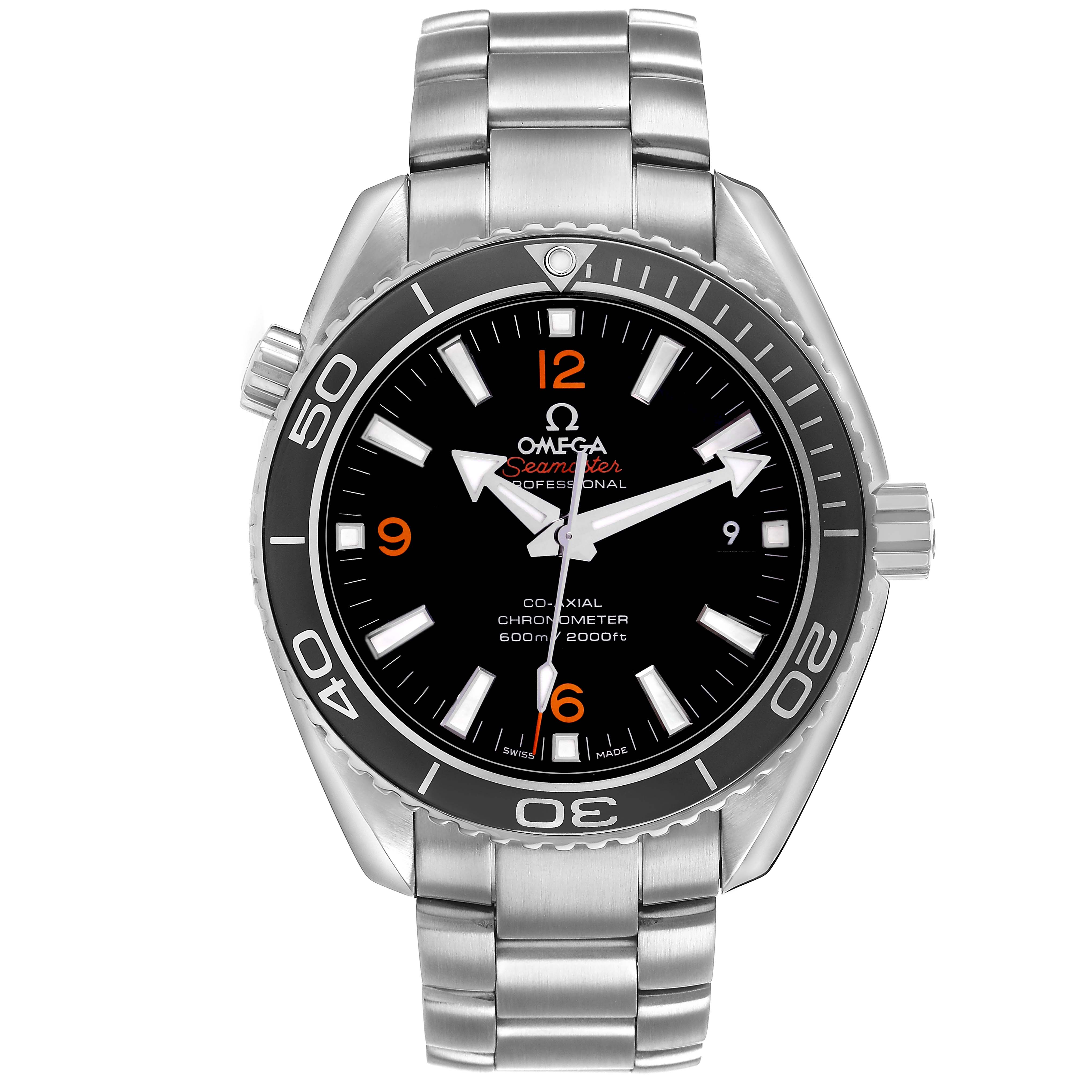 The Omega Planet Ocean 232.30.42.21.01.003 Men's Stainless Steel Black Dial watch is shown from the front, featuring the dial, bezel, and stainless steel bracelet.