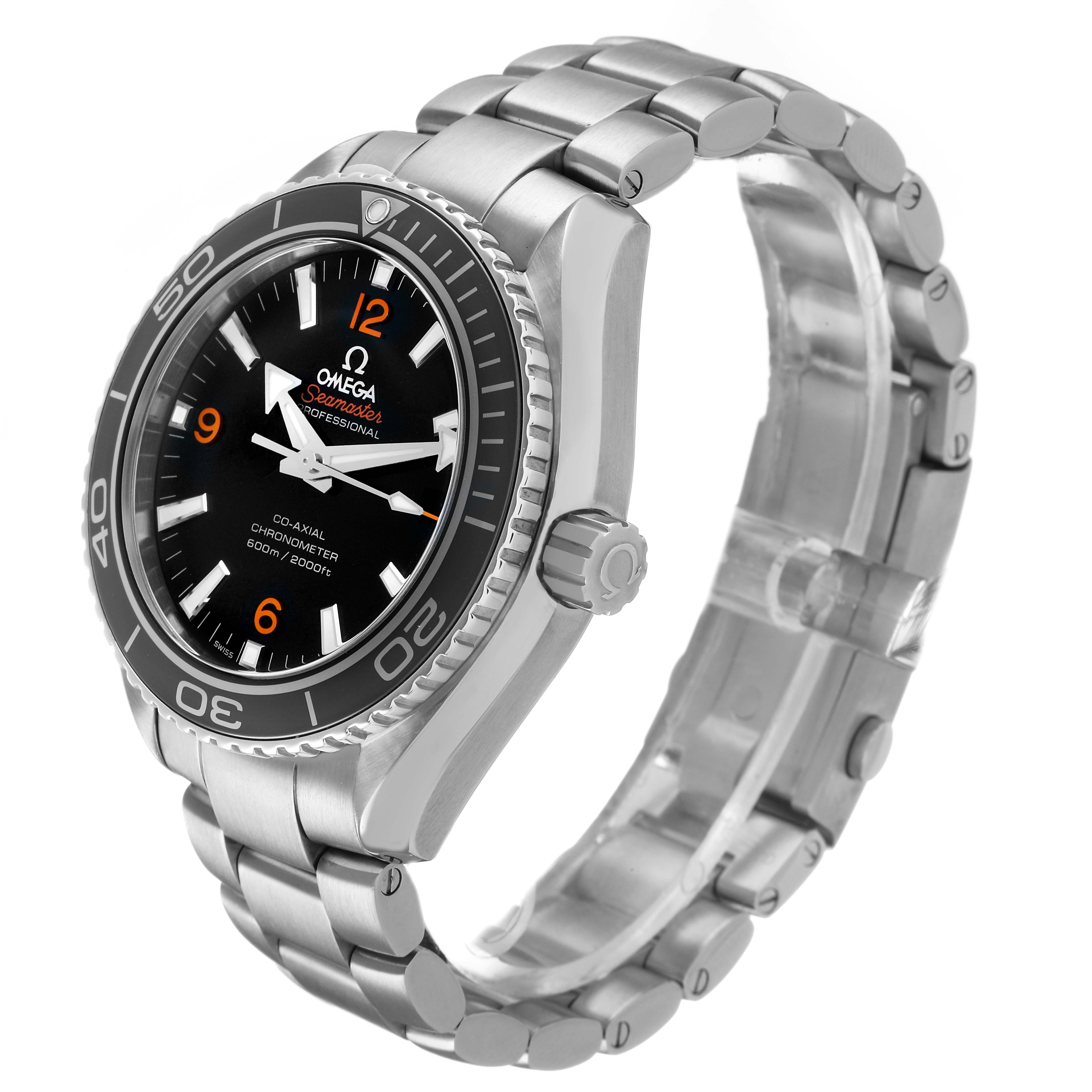 The Omega Planet Ocean 232.30.42.21.01.003 Men's Stainless Steel Black Dial watch is shown at a three-quarter angle, highlighting the dial, bezel, crown, and bracelet.