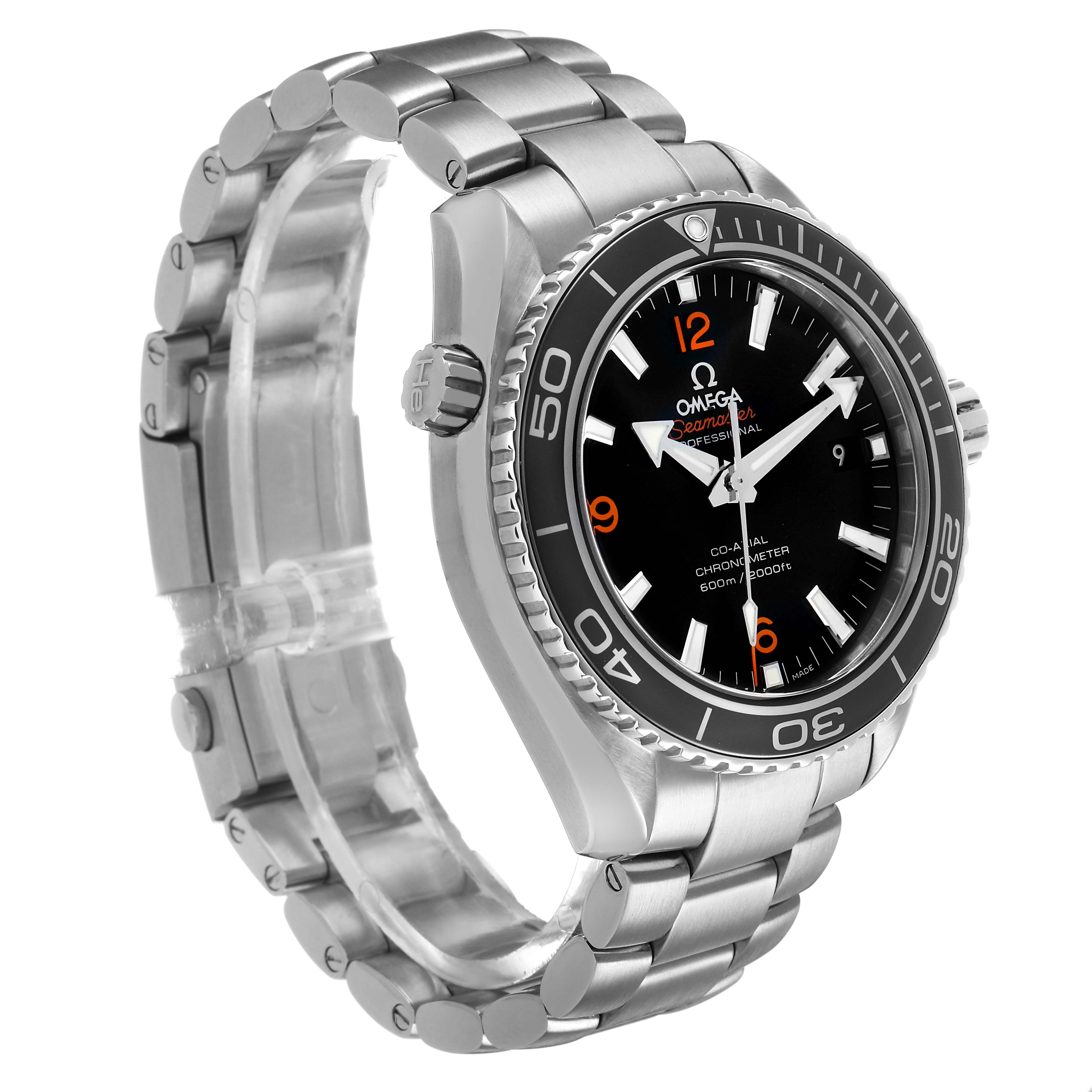 The Omega Planet Ocean 232.30.42.21.01.003 Men's Stainless Steel Black Dial watch is shown at an angled side view, highlighting the bracelet and bezel with visible crown and dial details.