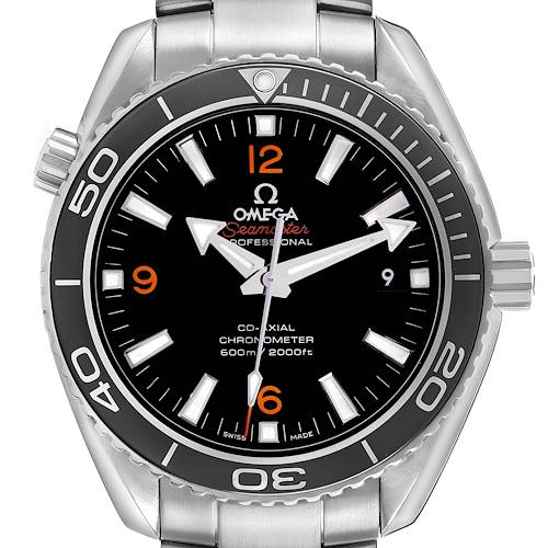 The Omega Planet Ocean 232.30.42.21.01.003 Men's Stainless Steel Black Dial watch is shown from a front view, highlighting the dial, bezel, and bracelet.