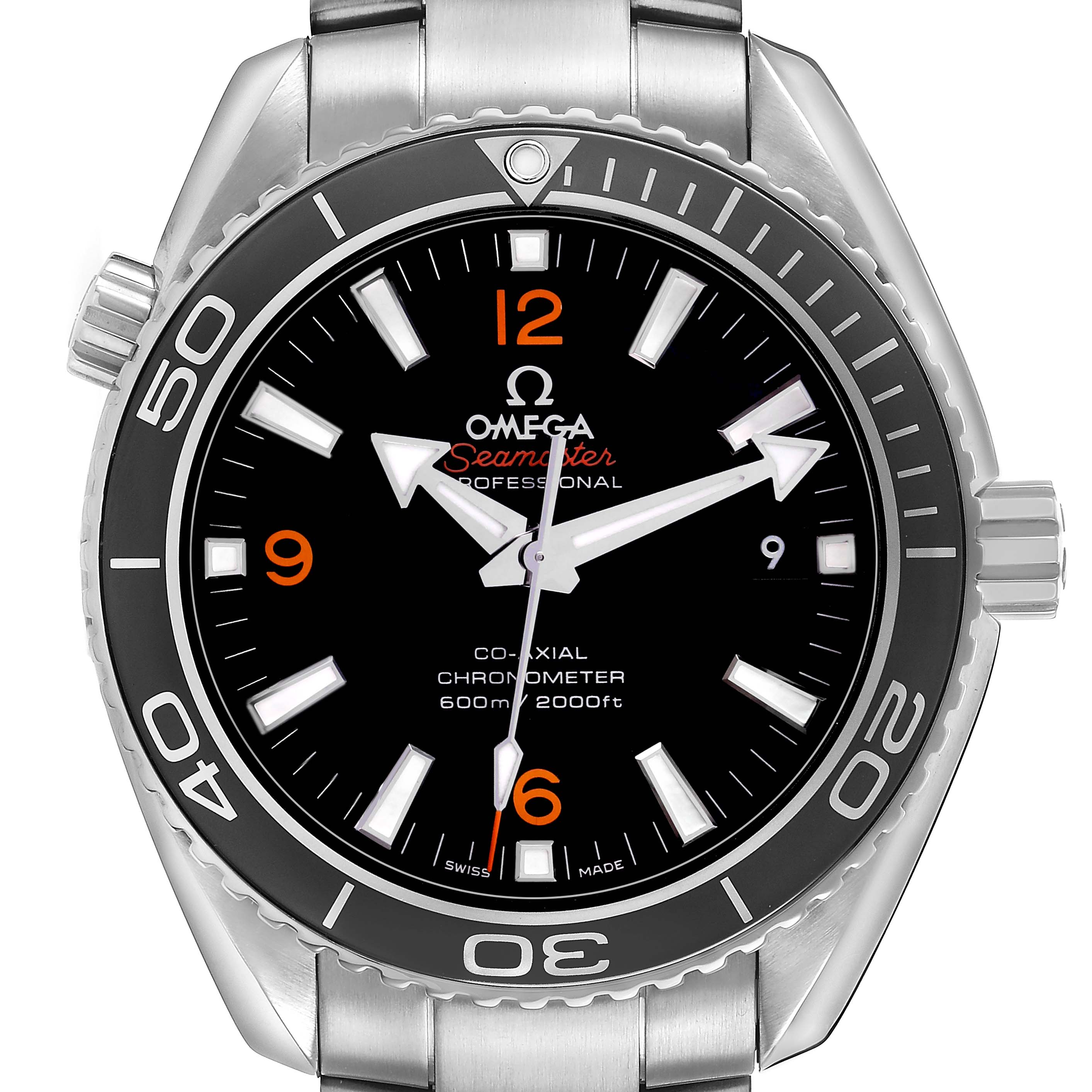 The Omega Planet Ocean 232.30.42.21.01.003 Men's Stainless Steel Black Dial watch is shown from a front angle, highlighting the dial, bezel, and bracelet links.