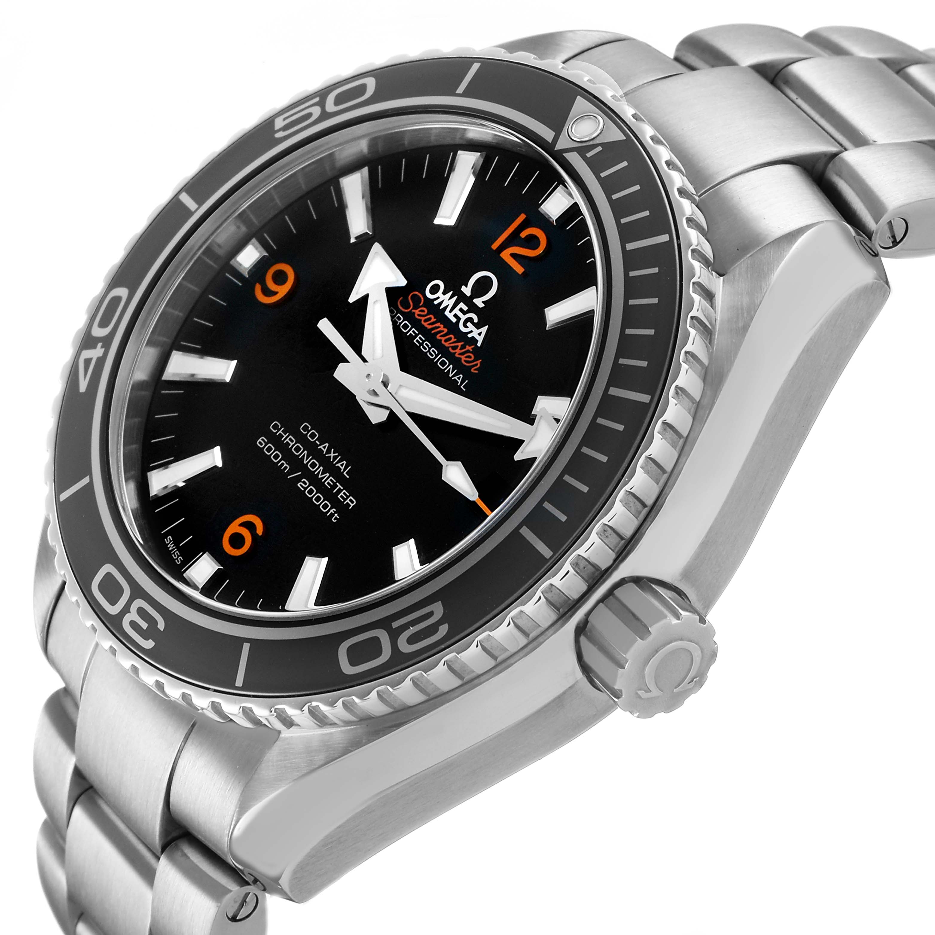 The Omega Planet Ocean 232.30.42.21.01.003 Men's Stainless Steel Black Dial watch is shown at a three-quarter angle, showcasing the dial, bezel, case, and part of the bracelet.