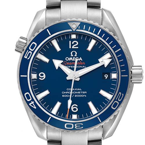 The Omega Seamaster 232.90.42.21.03.001 Men's Stainless Steel Blue Dial watch is shown from the front, highlighting the blue dial, bezel, crown, and part of the bracelet.