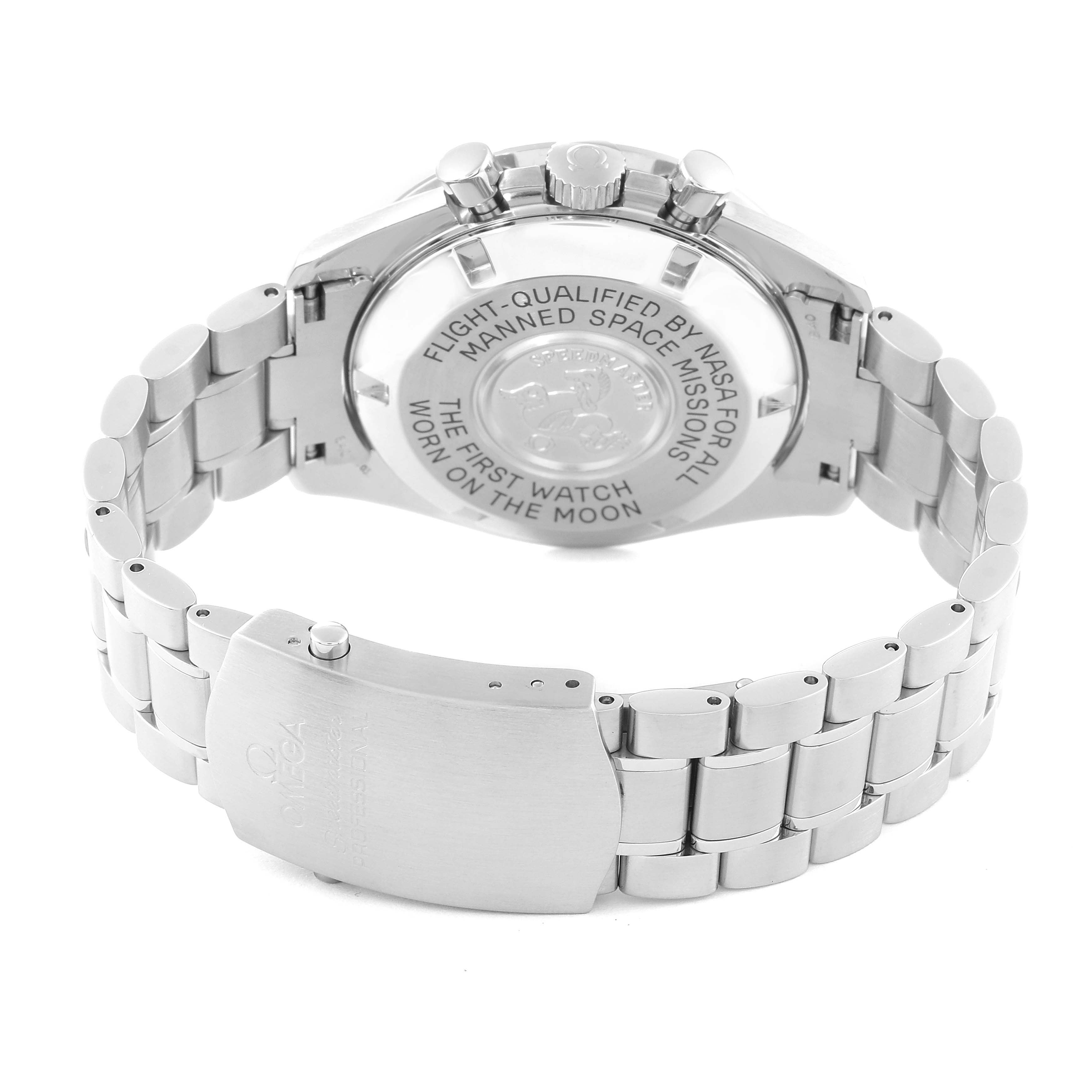 The image shows the back case and bracelet of an Omega Speedmaster 3570.50.00 Men
s Stainless Steel Black Dial 3570.50.00 Men
s Stainless Steel Black Dial watch, highlighting the engraved text and clasp.