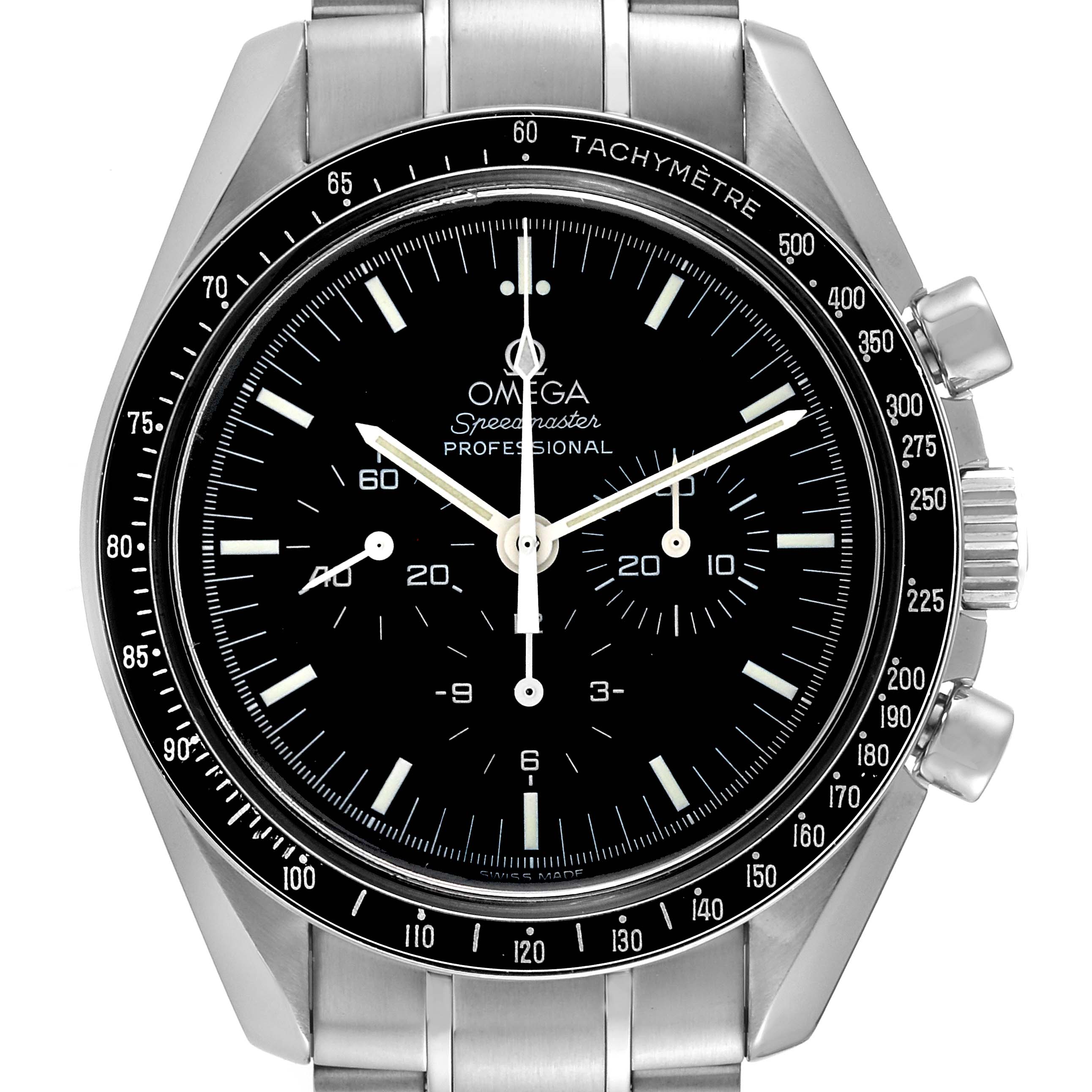 This is a close-up view of the Omega Speedmaster 3570.50.00 Men
s Stainless Steel Black Dial 3570.50.00 Men
s Stainless Steel Black Dial watch, showing its dial, bezel, and part of the bracelet.