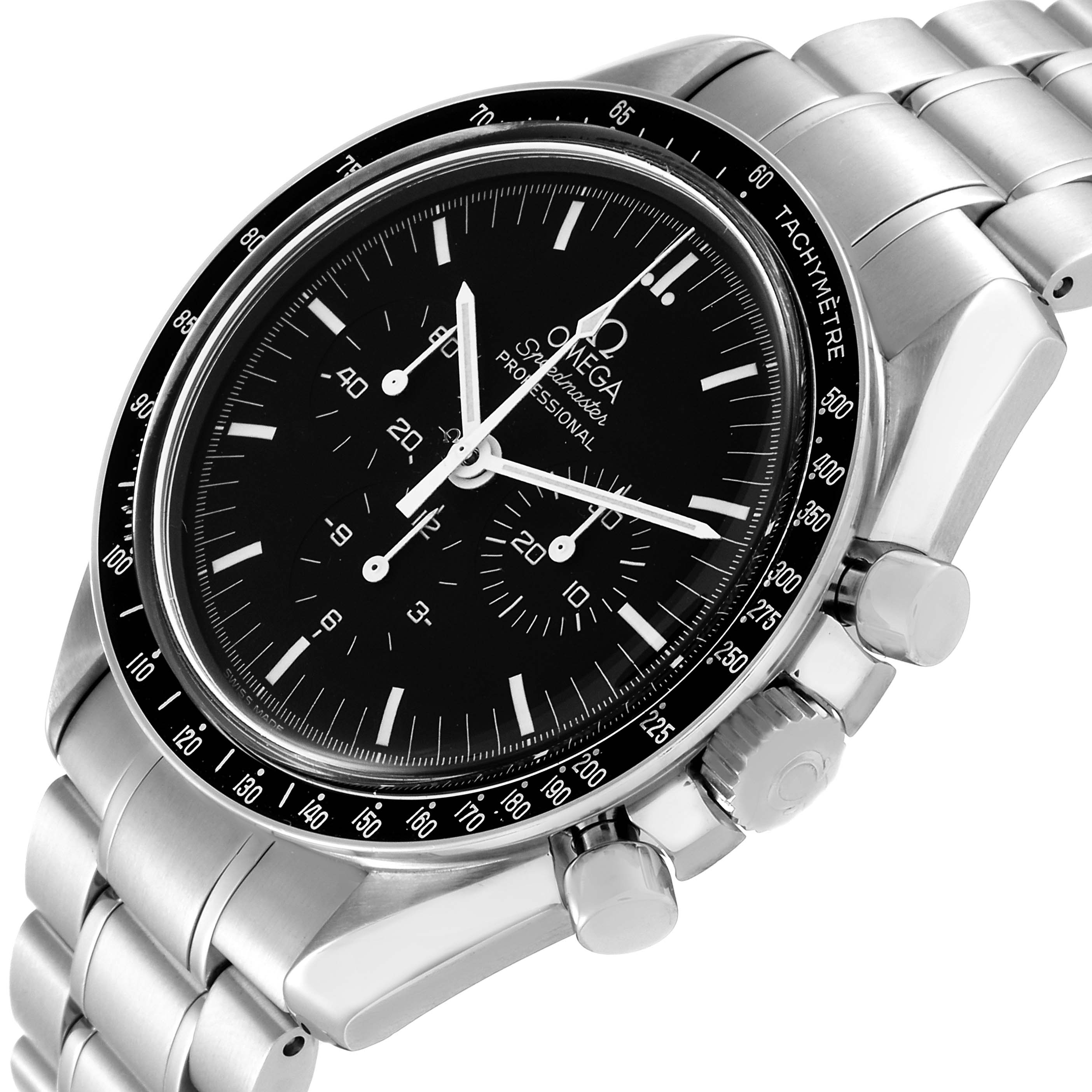 This image shows an angled view of an Omega Speedmaster 3570.50.00 Men
s Stainless Steel Black Dial 3570.50.00 Men
s Stainless Steel Black Dial watch, highlighting its black dial, tachymeter bezel, and metallic bracelet.