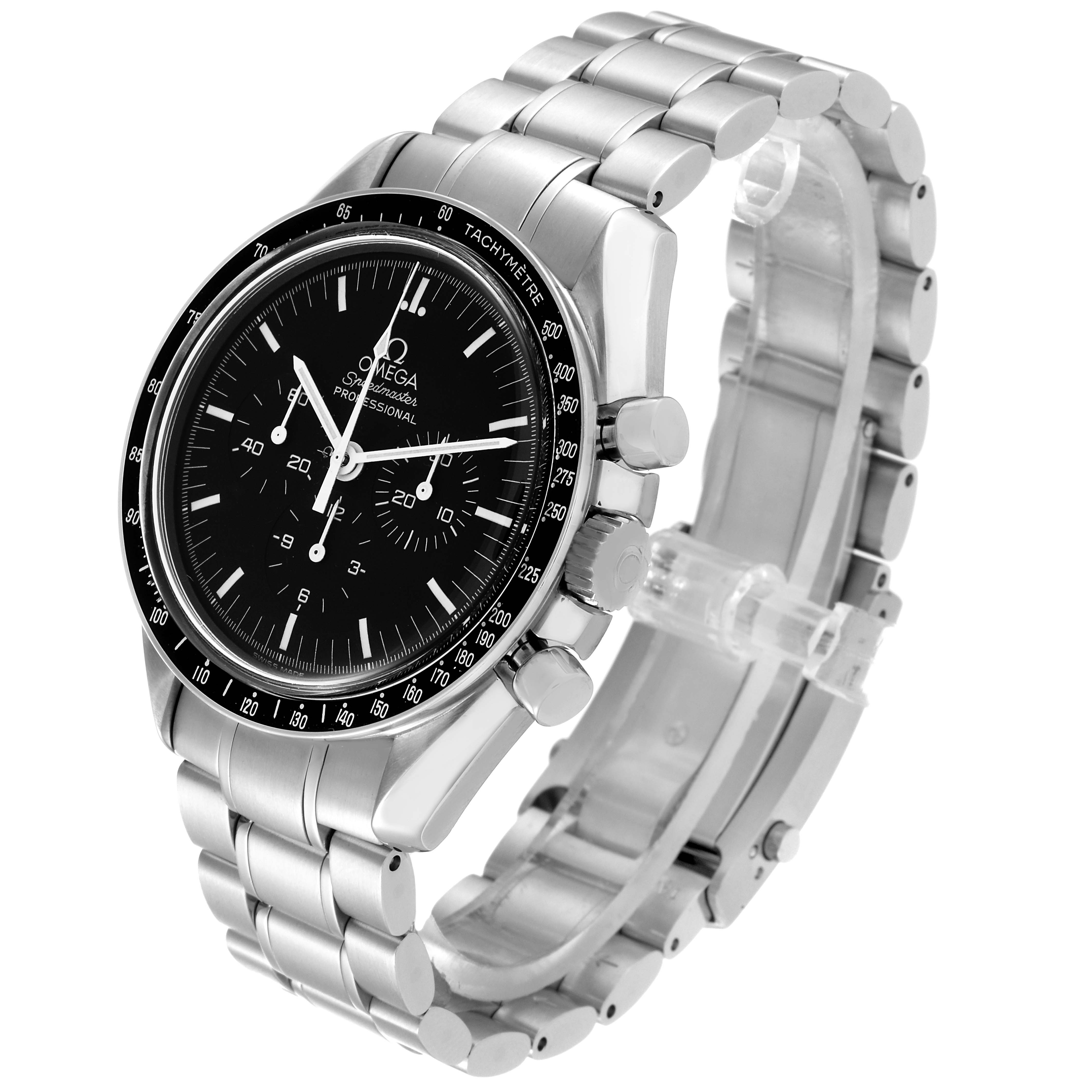 The Omega Speedmaster 3570.50.00 Men
s Stainless Steel Black Dial 3570.50.00 Men
s Stainless Steel Black Dial watch is shown at a three-quarter angle, highlighting its face, bezel, crown, and stainless steel bracelet.