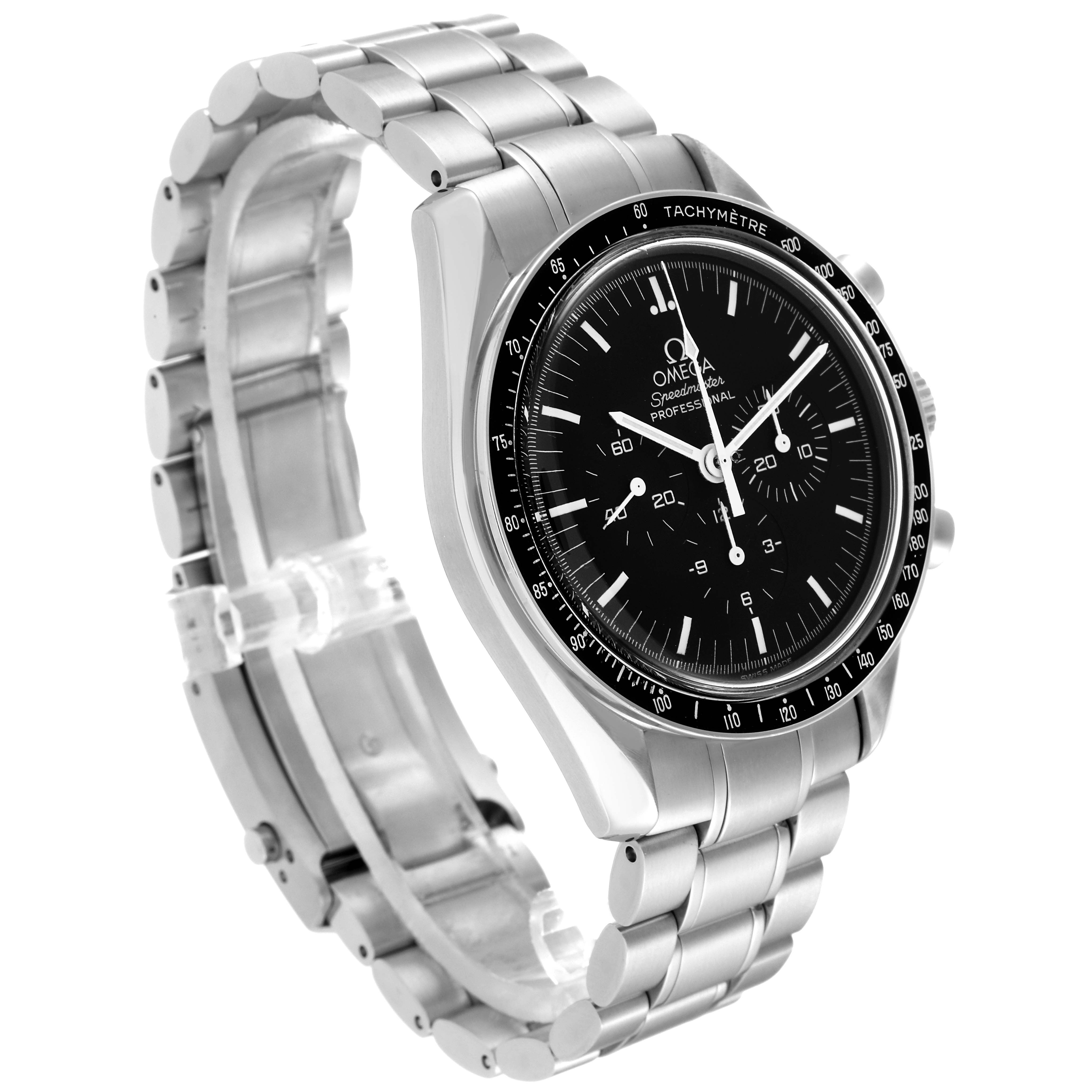 The Omega Speedmaster 3570.50.00 Men
s Stainless Steel Black Dial 3570.50.00 Men
s Stainless Steel Black Dial watch is shown at a three-quarter angle, highlighting the face, bezel, and metal bracelet.