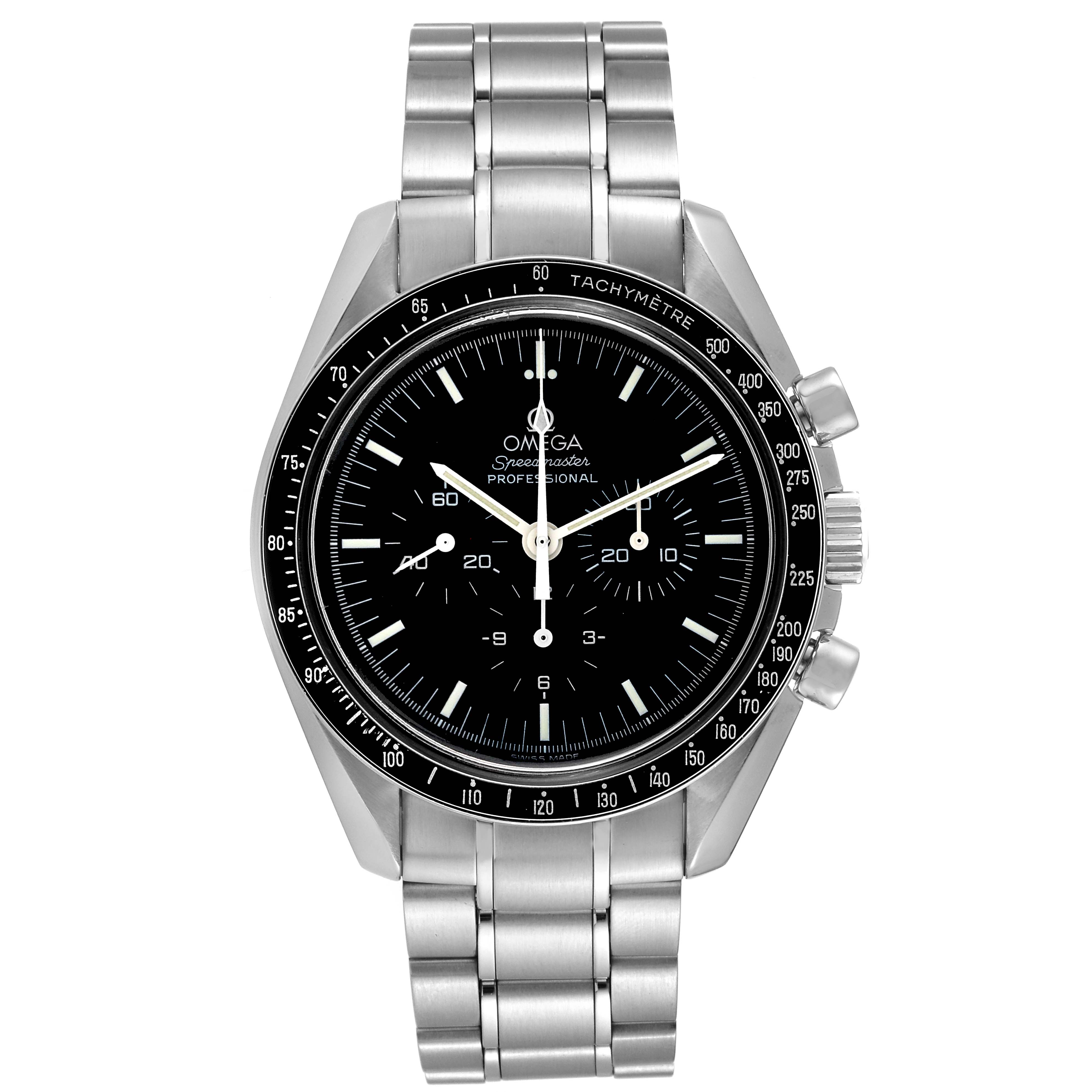 The image shows a front view of the Omega Speedmaster 3570.50.00 Men
s Stainless Steel Black Dial 3570.50.00 Men
s Stainless Steel Black Dial watch, highlighting its dial, bracelet, and tachymeter.
