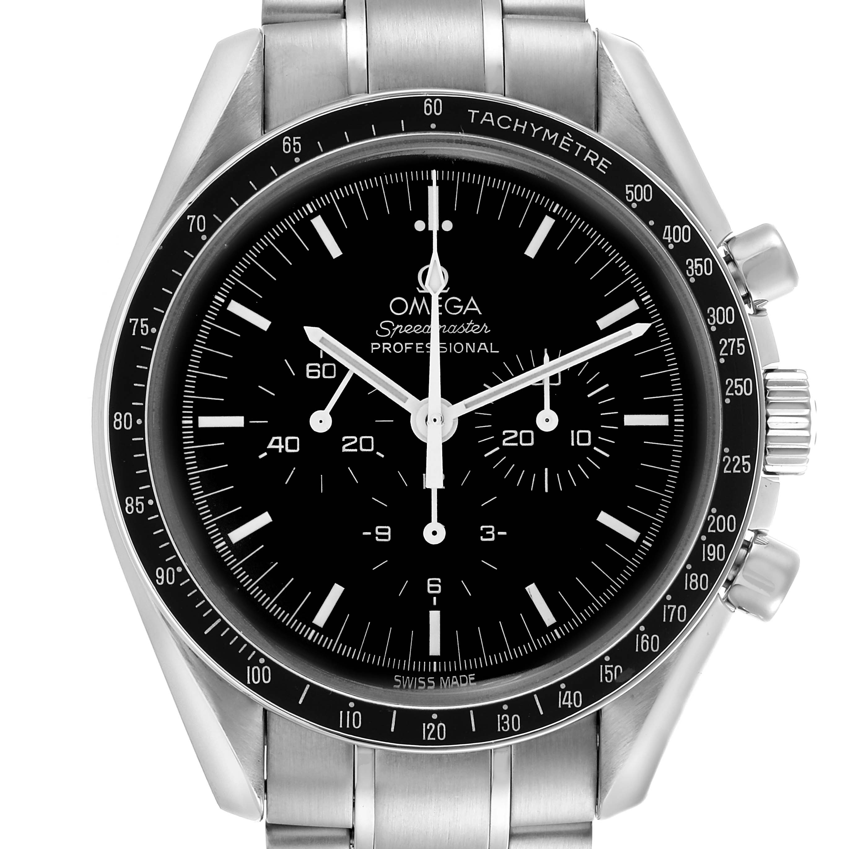 The Omega Speedmaster 3572.50.00 Men
s Stainless Steel Black Dial 3572.50.00 Men
s Stainless Steel Black Dial watch is shown from a front angle, highlighting the dial, tachymeter bezel, and pushers.