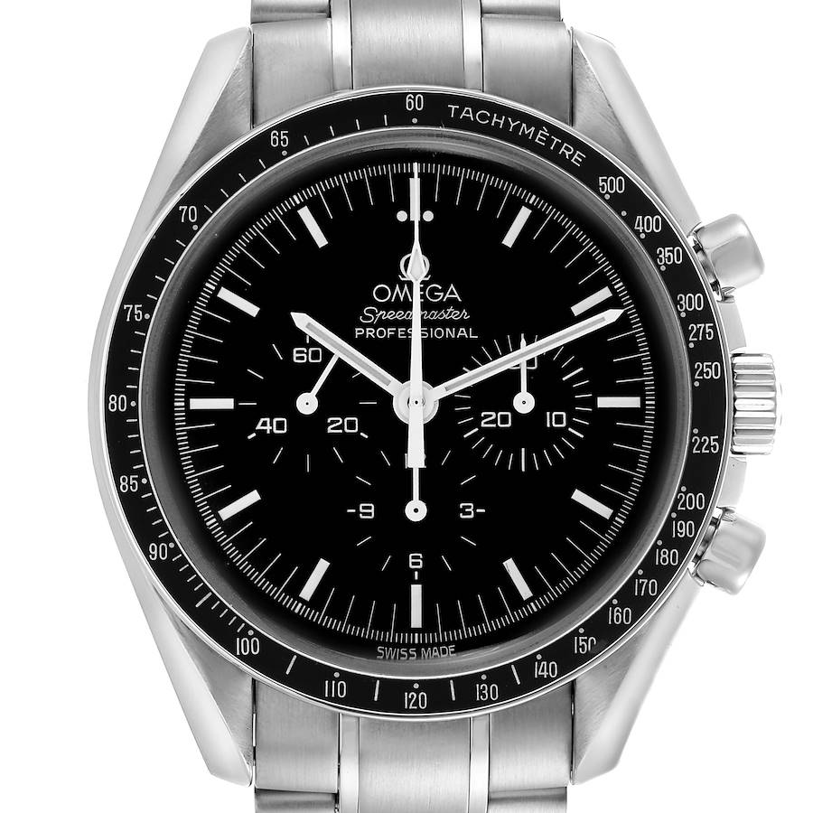 The Omega Speedmaster watch is shown from a front angle, highlighting the dial, tachymeter bezel, and pushers.