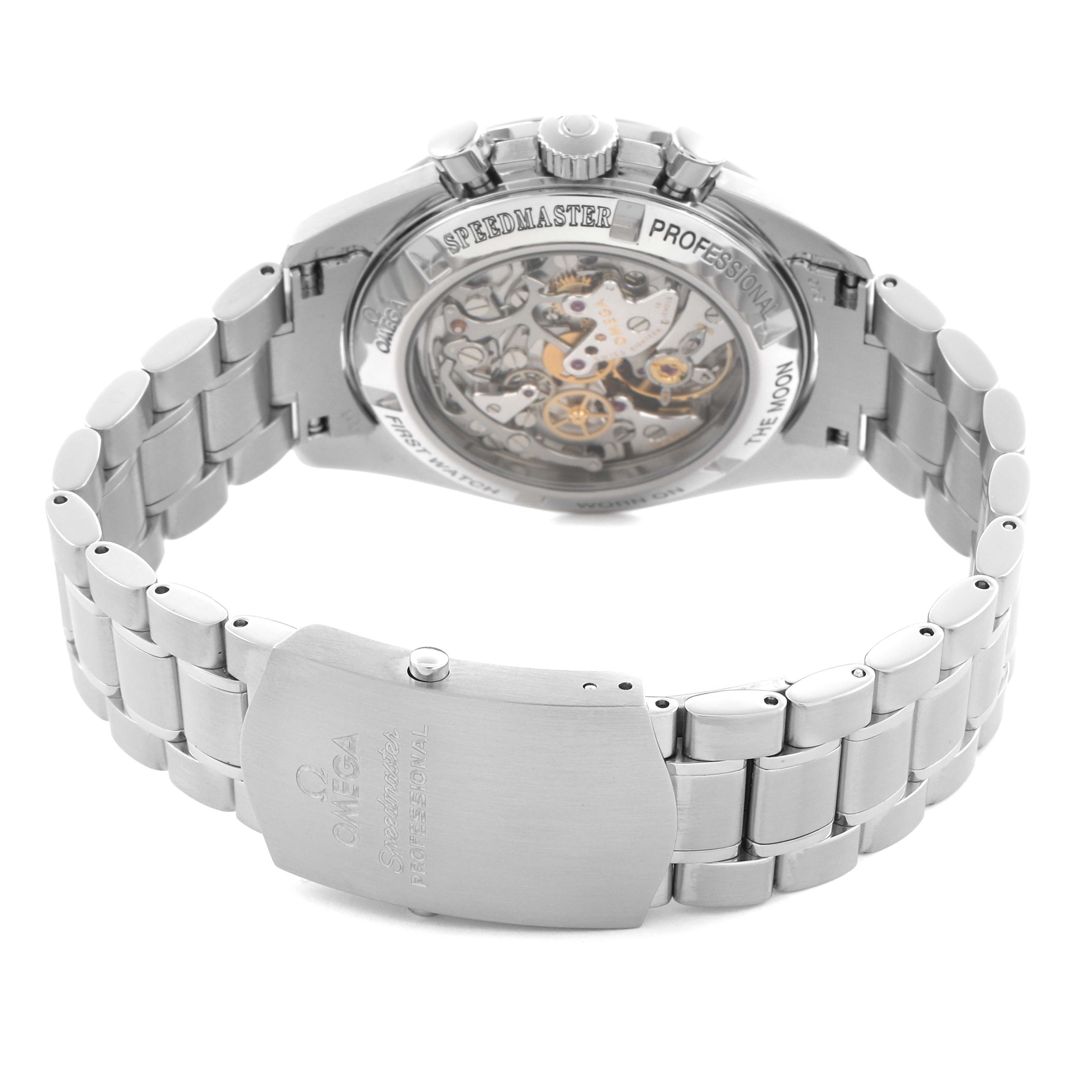 The Omega Speedmaster 3572.50.00 Men
s Stainless Steel Black Dial 3572.50.00 Men
s Stainless Steel Black Dial watch is shown from the back, featuring the case back, movement, and metal bracelet with the clasp.