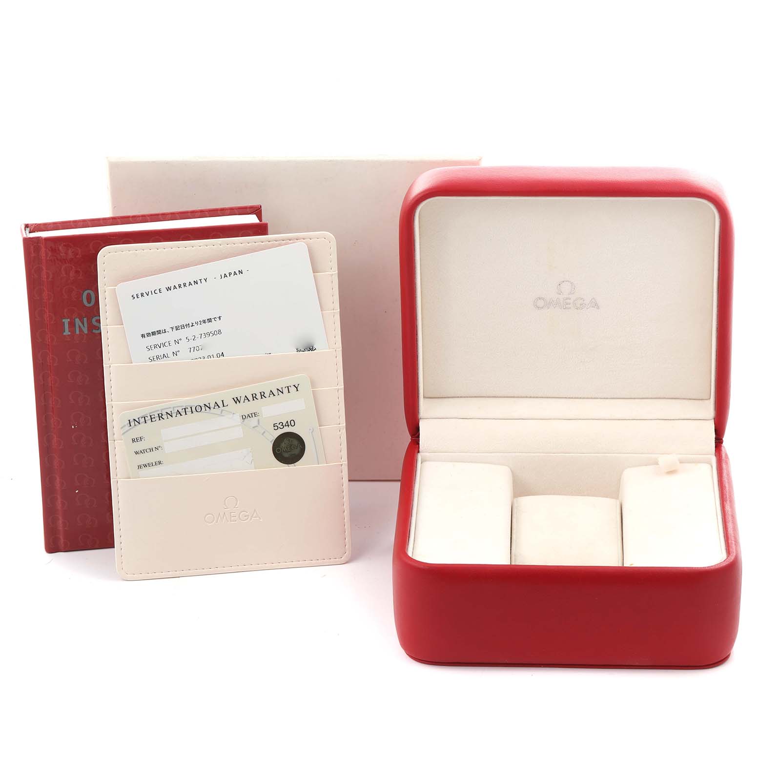 The image shows an Omega Speedmaster 3572.50.00 Men
s Stainless Steel Black Dial 3572.50.00 Men
s Stainless Steel Black Dial watch box, warranty cards, and an instruction booklet from a front angle.