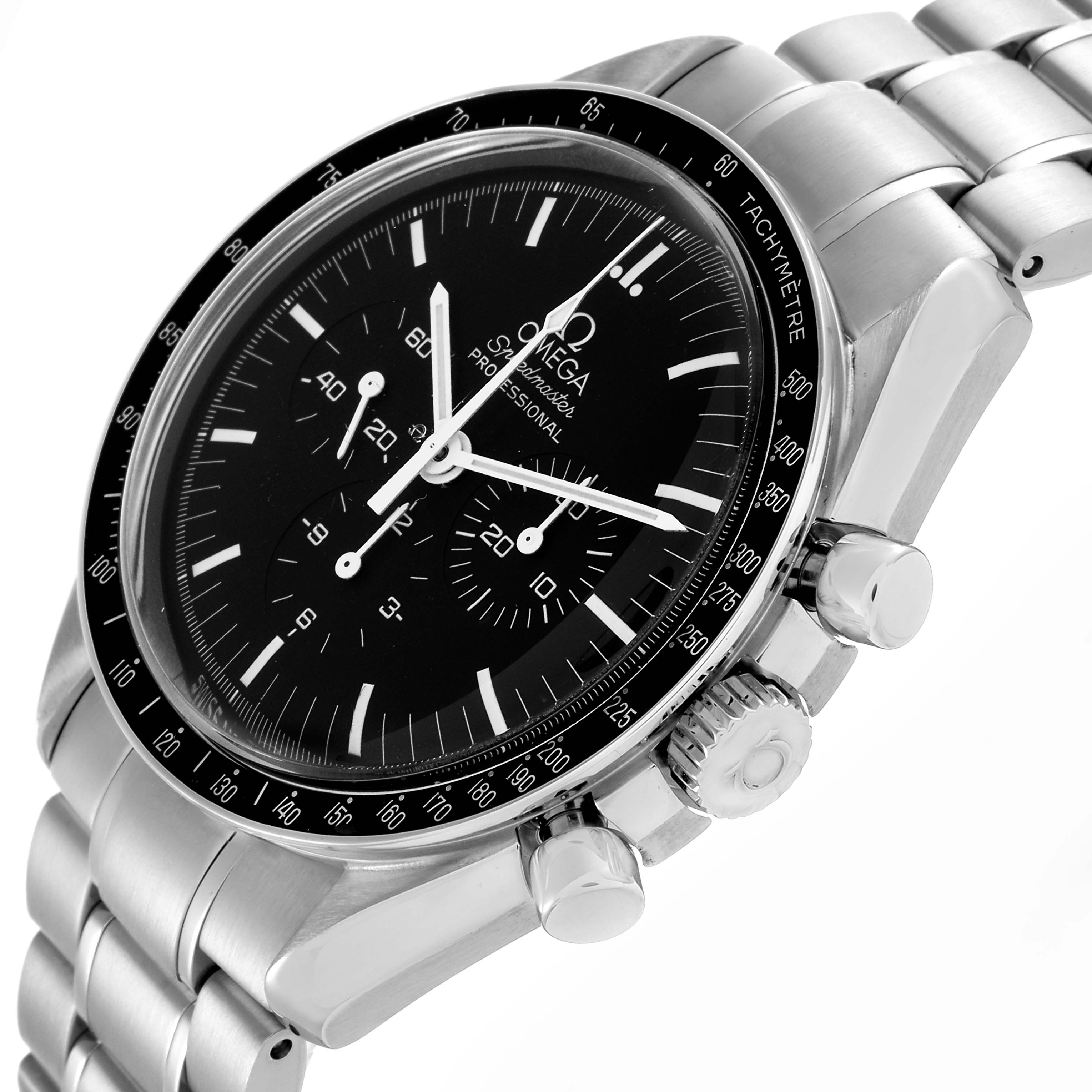 The Omega Speedmaster 3572.50.00 Men
s Stainless Steel Black Dial 3572.50.00 Men
s Stainless Steel Black Dial watch is shown from a side angle, highlighting the dial, bezel, crown, pushers, and metal bracelet.