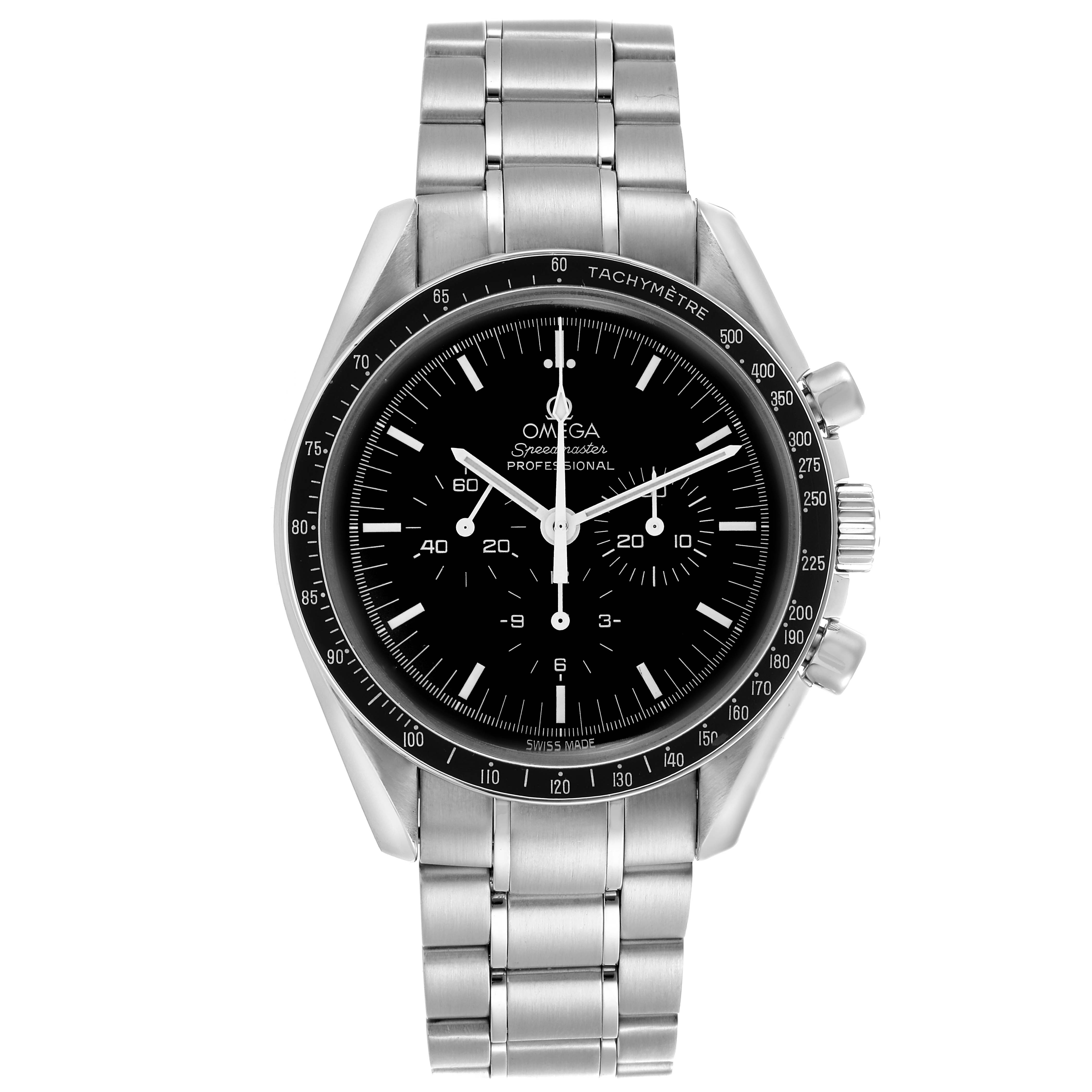The Omega Speedmaster 3572.50.00 Men
s Stainless Steel Black Dial 3572.50.00 Men
s Stainless Steel Black Dial is shown from a front angle, displaying the full watch face, bezel, and bracelet.