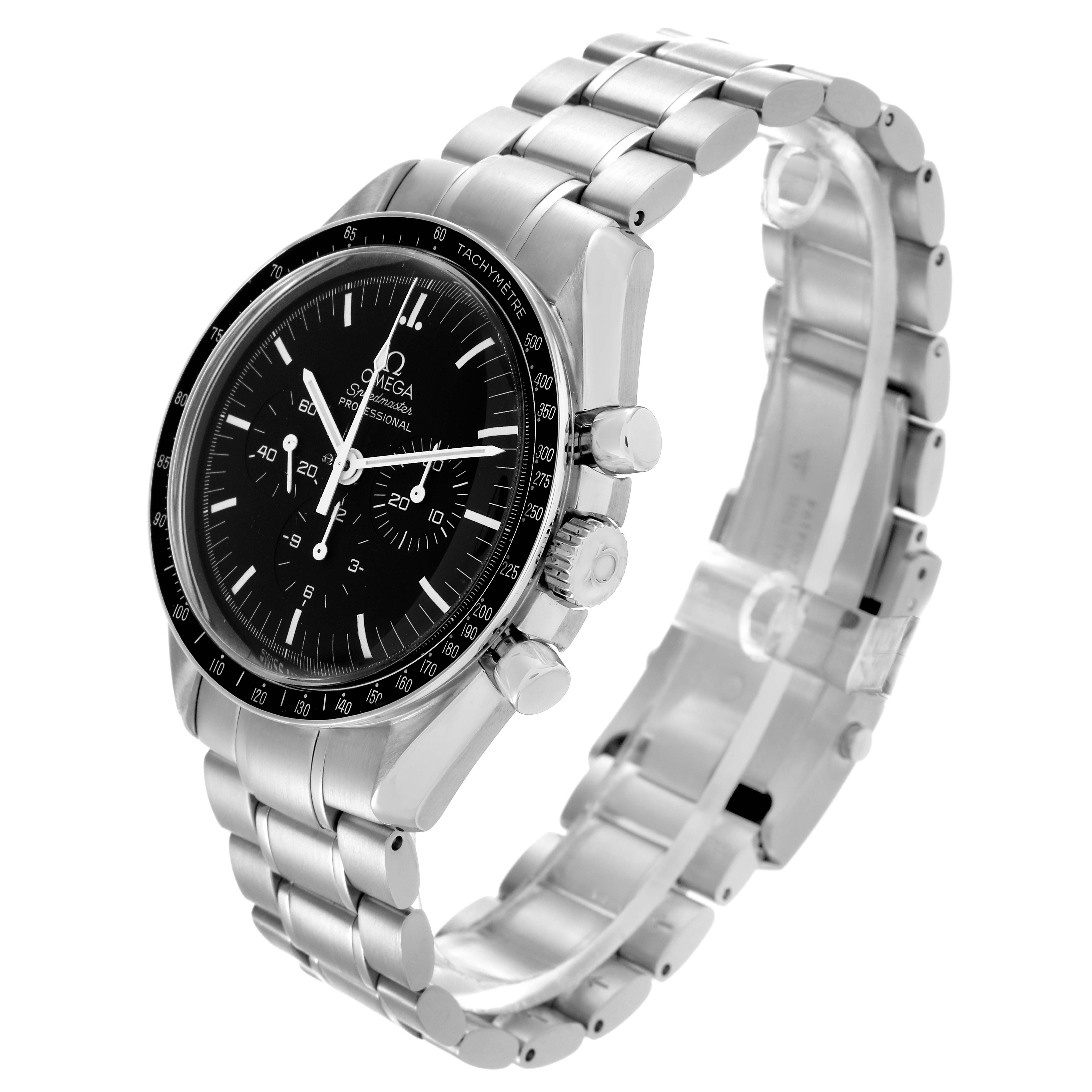 The Omega Speedmaster 3572.50.00 Men
s Stainless Steel Black Dial 3572.50.00 Men
s Stainless Steel Black Dial watch is shown at a three-quarter angle, highlighting the face, bezel, crown, and bracelet.