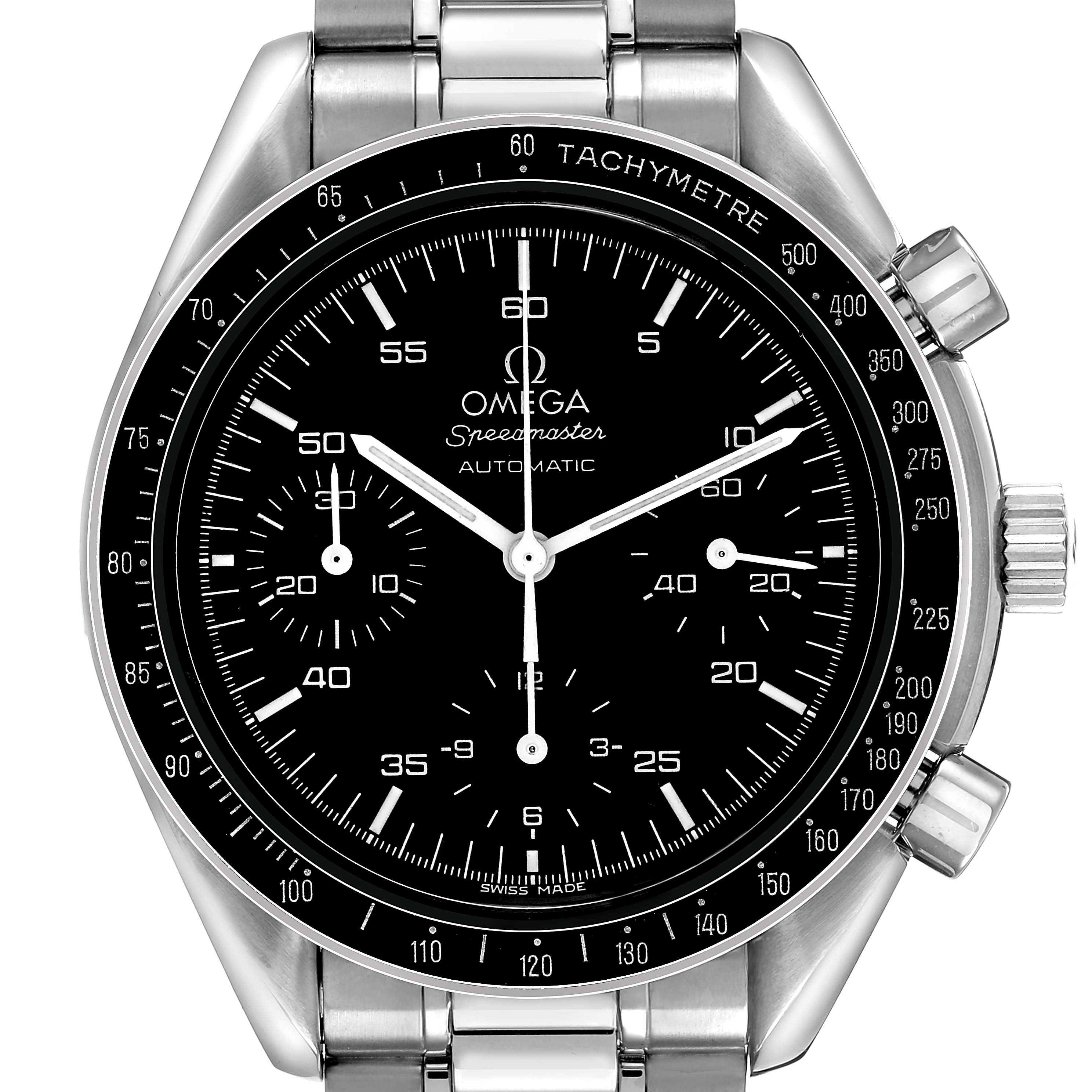 The Omega Speedmaster 3510.50.00 Men's Stainless Steel Black Dial watch is shown from a front view, featuring its black dial, tachymeter bezel, and stainless steel bracelet.