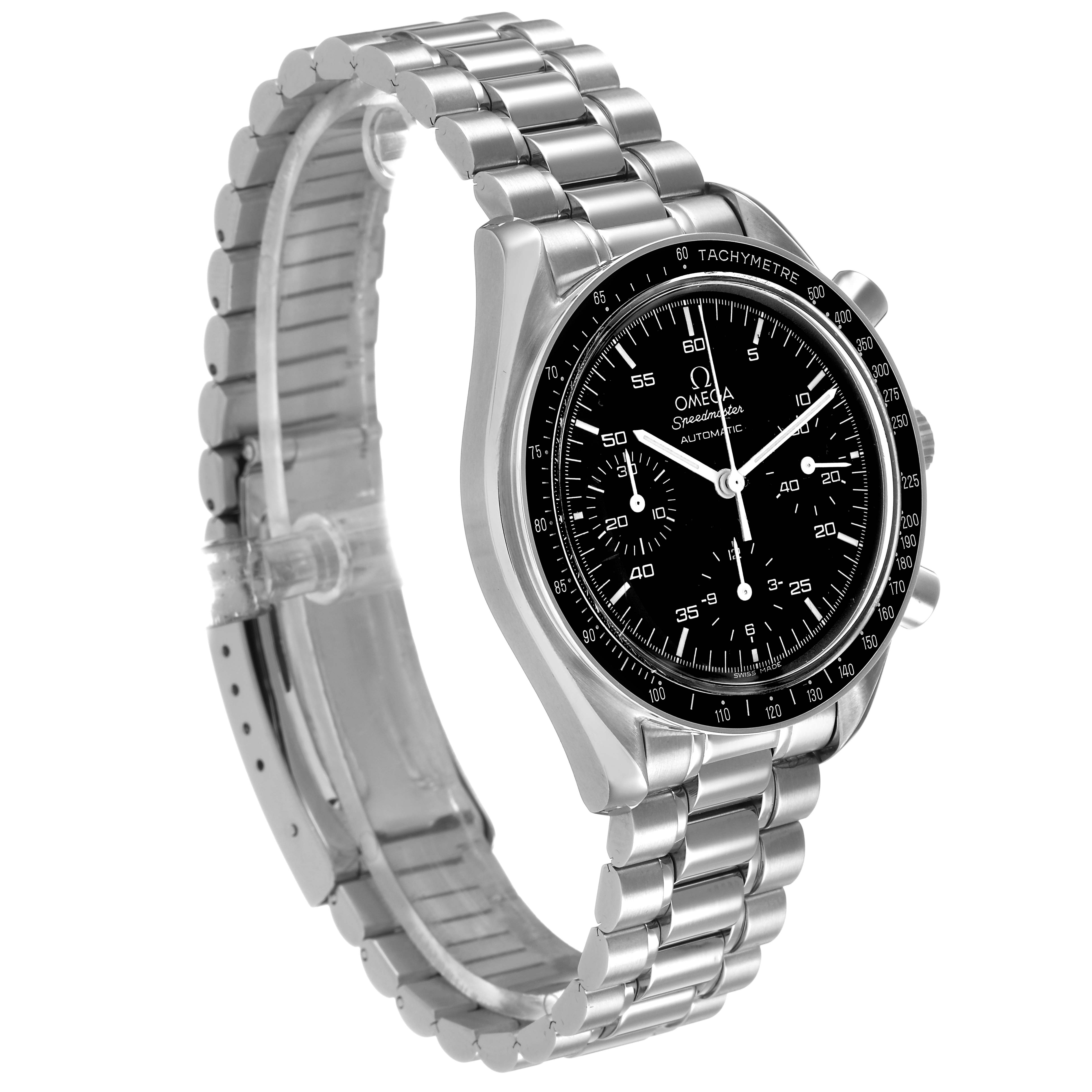 The Omega Speedmaster 3510.50.00 Men's Stainless Steel Black Dial watch is shown at a slight angle, highlighting its stainless steel bracelet, bezel, and black dial.