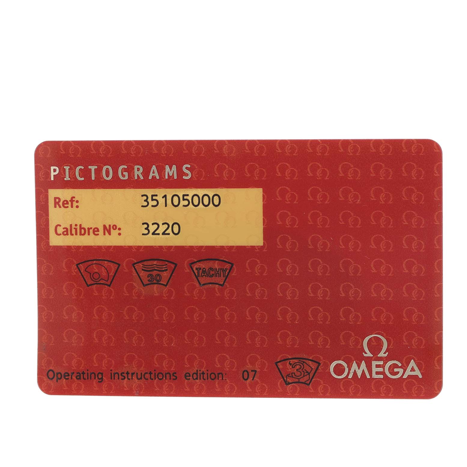 The image shows a Pictograms card for the Omega Speedmaster 3510.50.00 Men's Stainless Steel Black Dial watch, highlighting reference and caliber numbers.