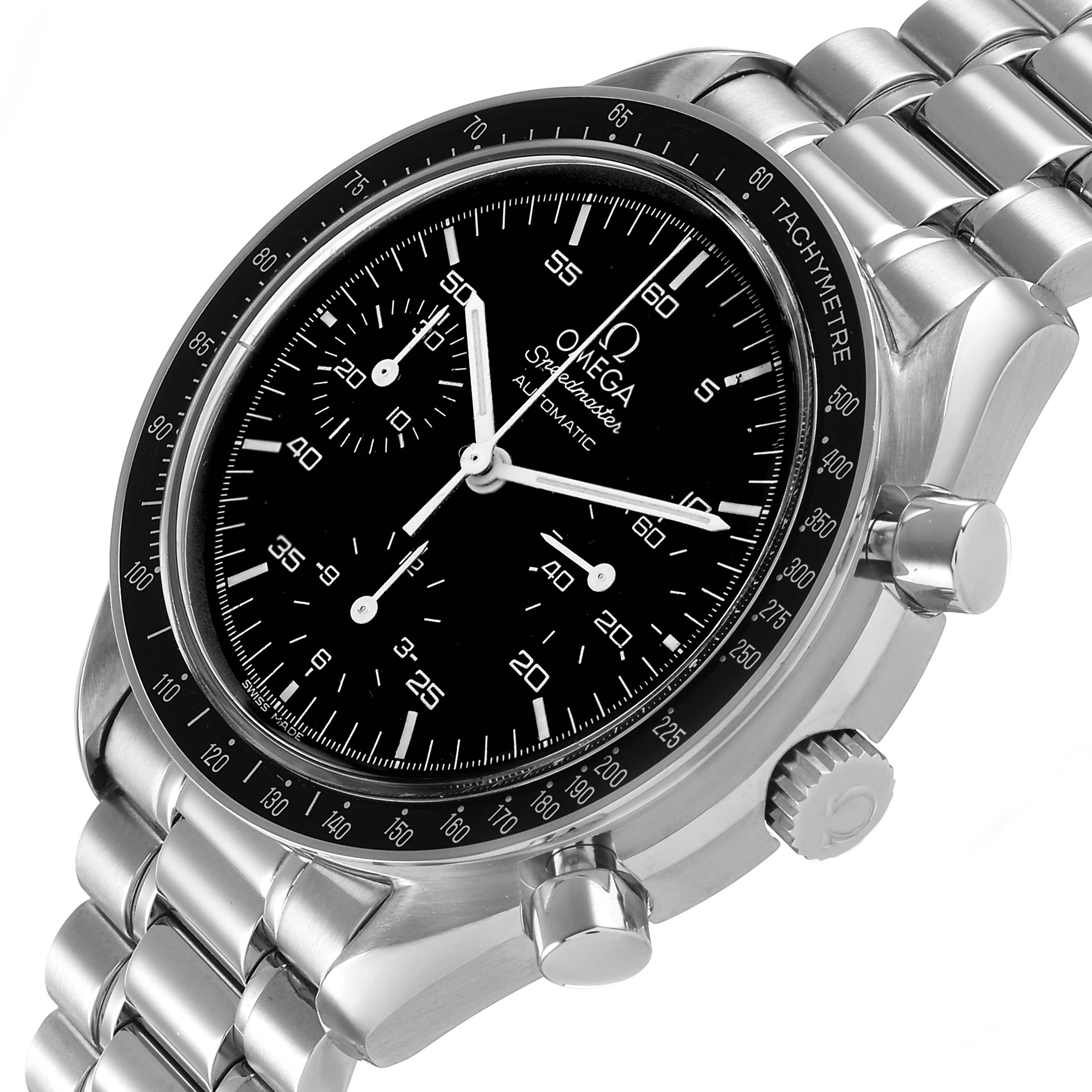 The Omega Speedmaster 3510.50.00 Men's Stainless Steel Black Dial watch is shown at a three-quarter angle, highlighting the dial, bezel, crown, and part of the bracelet.