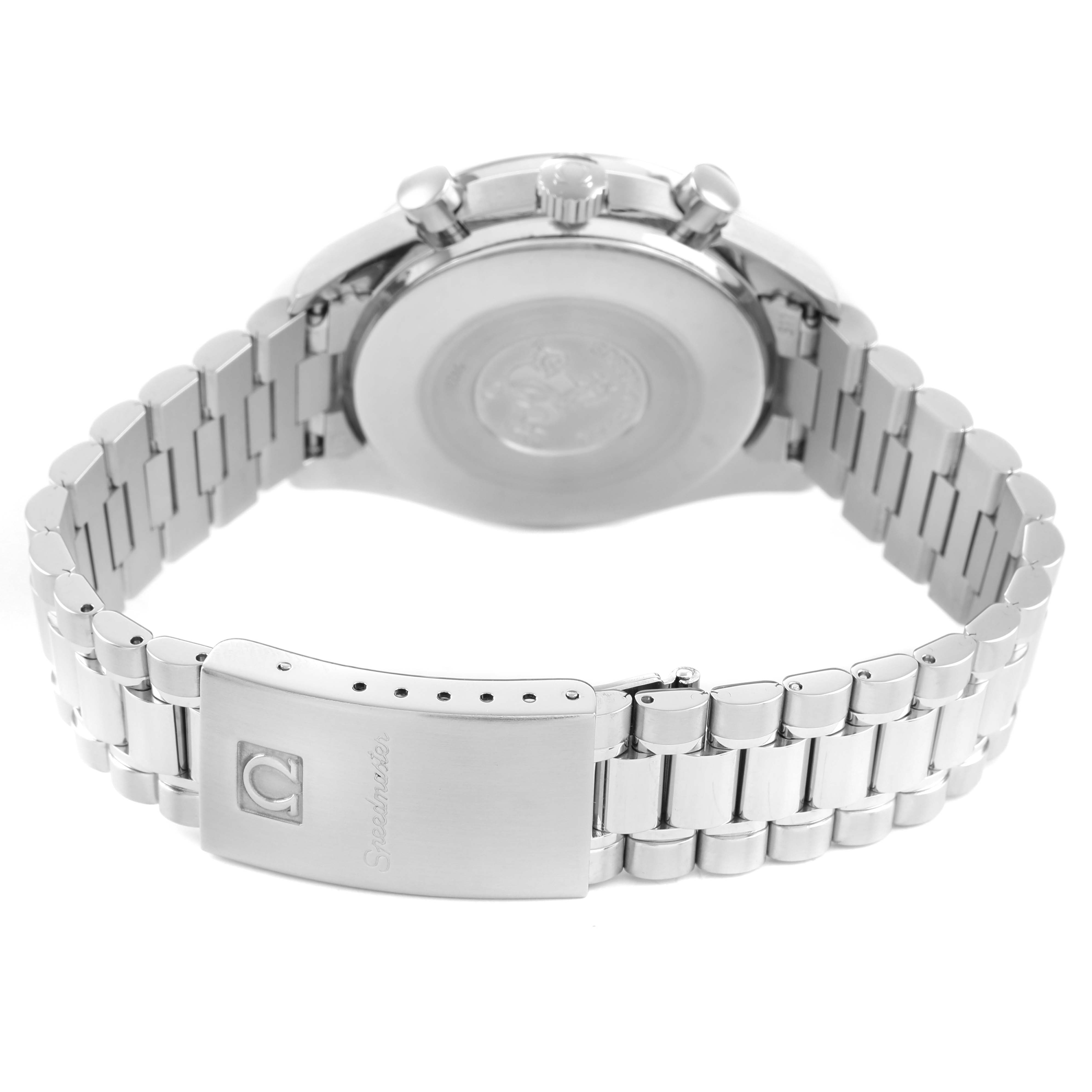 The image shows the Omega Speedmaster 3510.50.00 Men's Stainless Steel Black Dial model from behind, highlighting the clasp and part of the bracelet.
