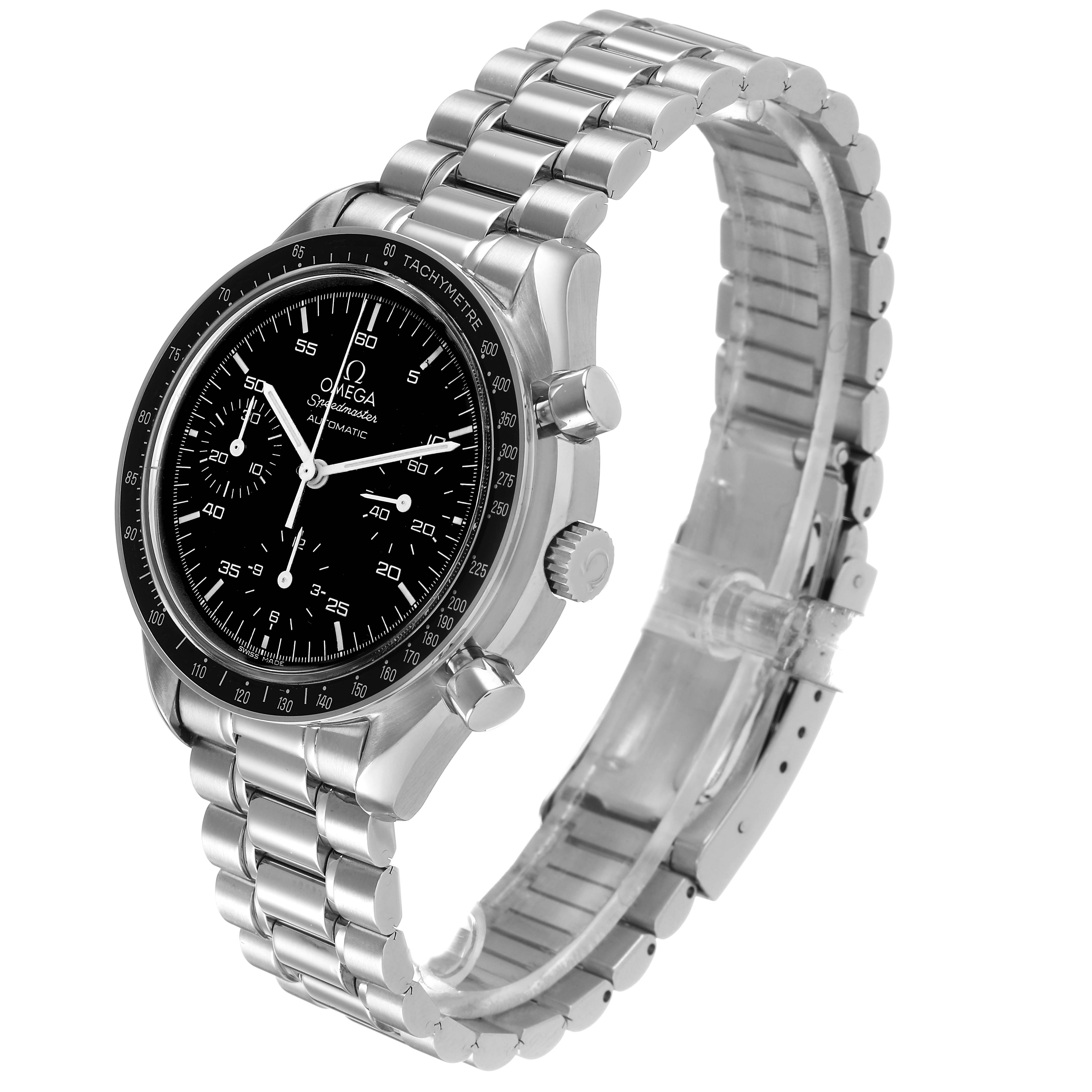 The Omega Speedmaster 3510.50.00 Men's Stainless Steel Black Dial watch is shown at a slight angle, displaying its face, bezel, crown, pushers, and bracelet.