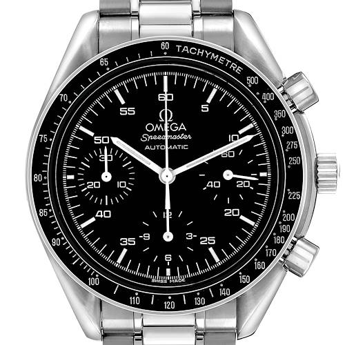 The Omega Speedmaster 3510.50.00 Men's Stainless Steel Black Dial watch is shown from the front, featuring the dial, bezel with tachymeter scale, and two pushers.