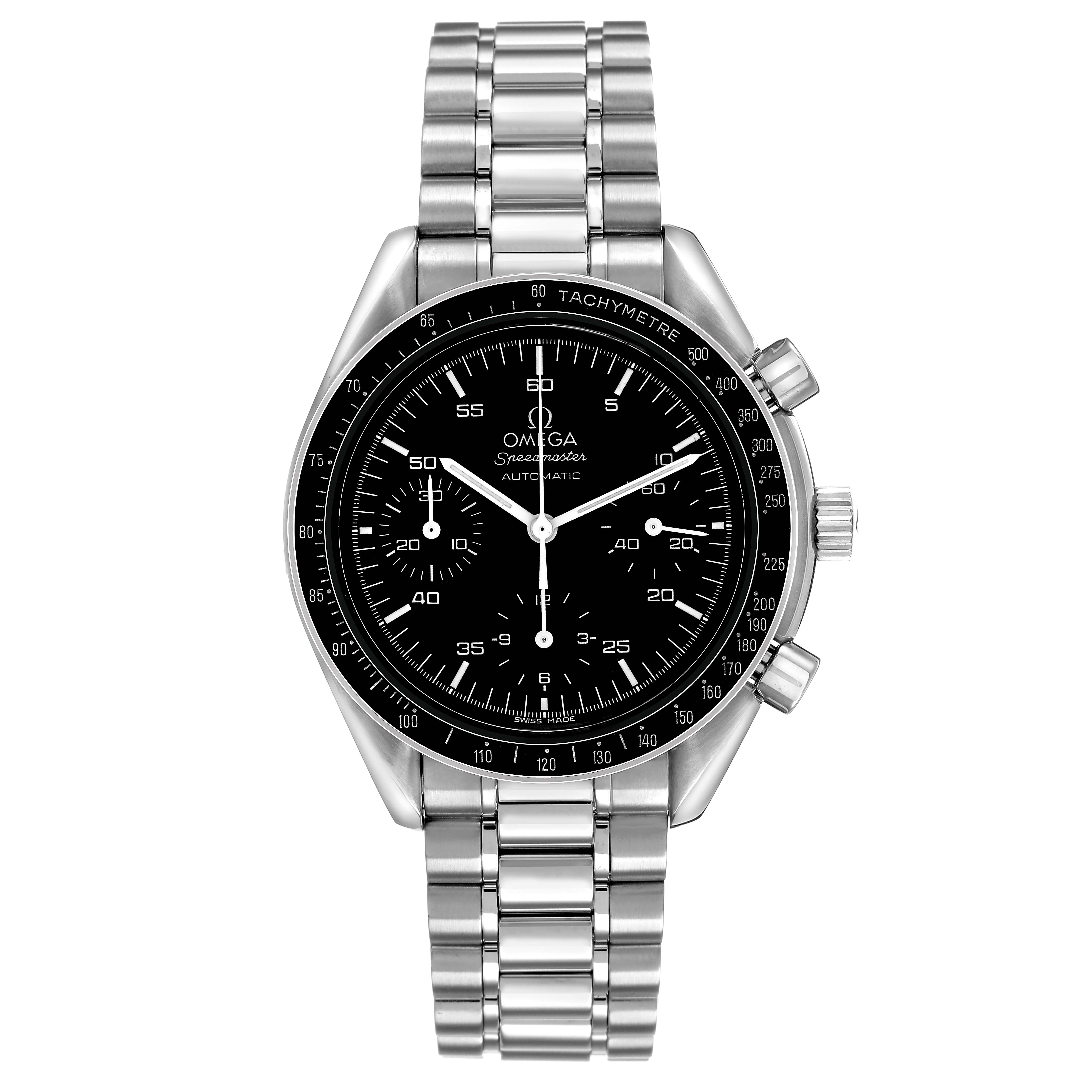 The Omega Speedmaster 3510.50.00 Men's Stainless Steel Black Dial watch is shown from a top-down angle, displaying the full face, bezel, and stainless steel bracelet.