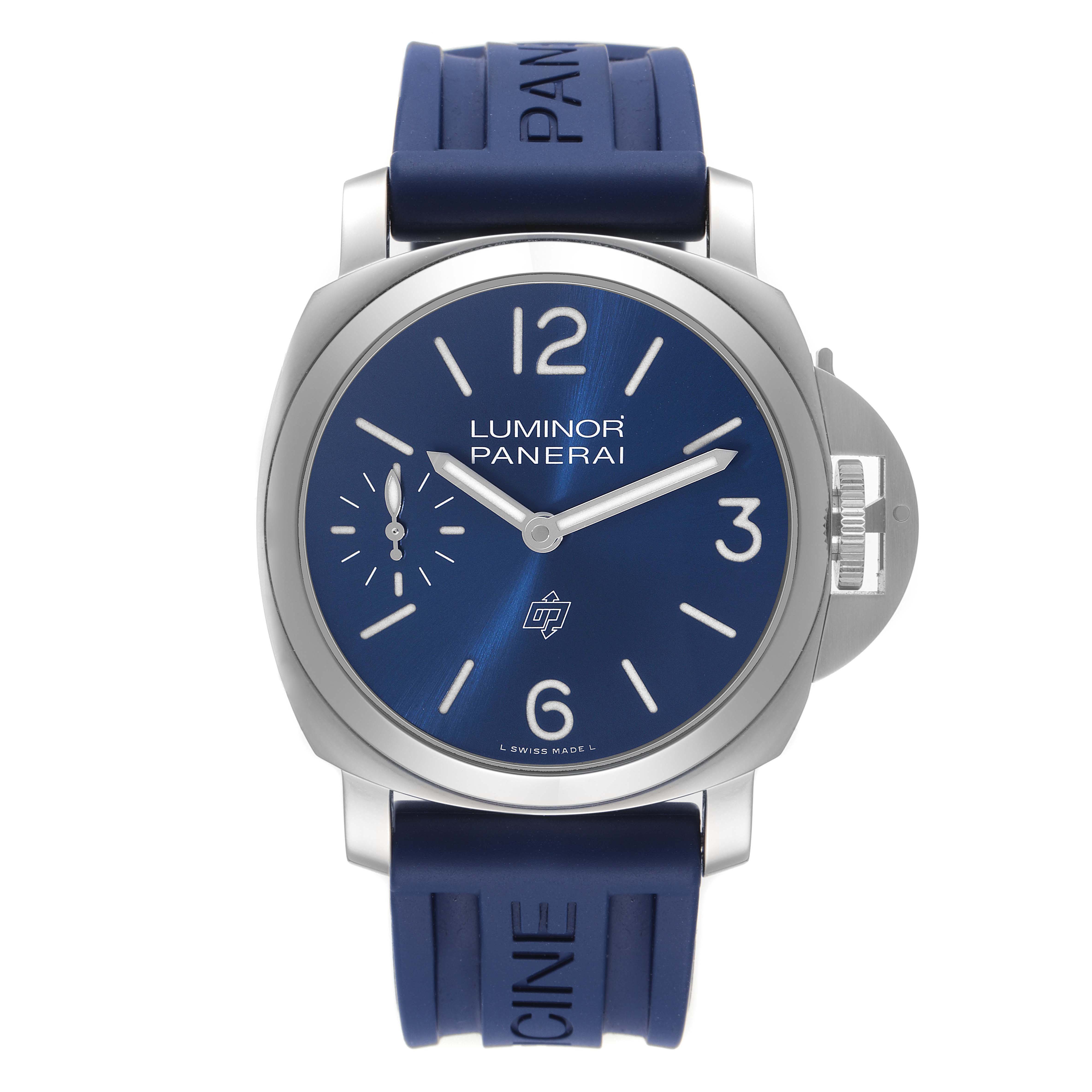The image shows a front view of the Panerai Luminor PAM00631 Men's Stainless Steel Blue Dial PAM00631 Men's Stainless Steel Blue Dial watch, highlighting its blue dial and strap.