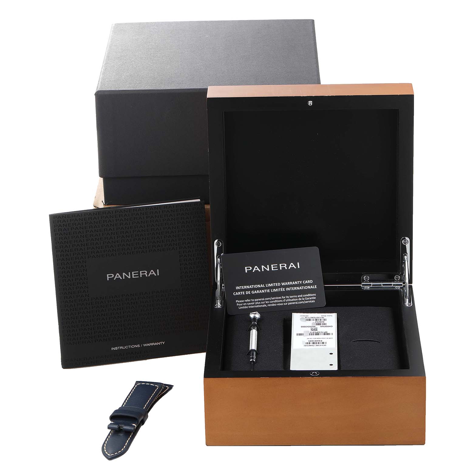 The image shows a Panerai Luminor PAM00631 Men's Stainless Steel Blue Dial PAM00631 Men's Stainless Steel Blue Dial watch box, warranty card, user manual, additional strap, and tool kit.