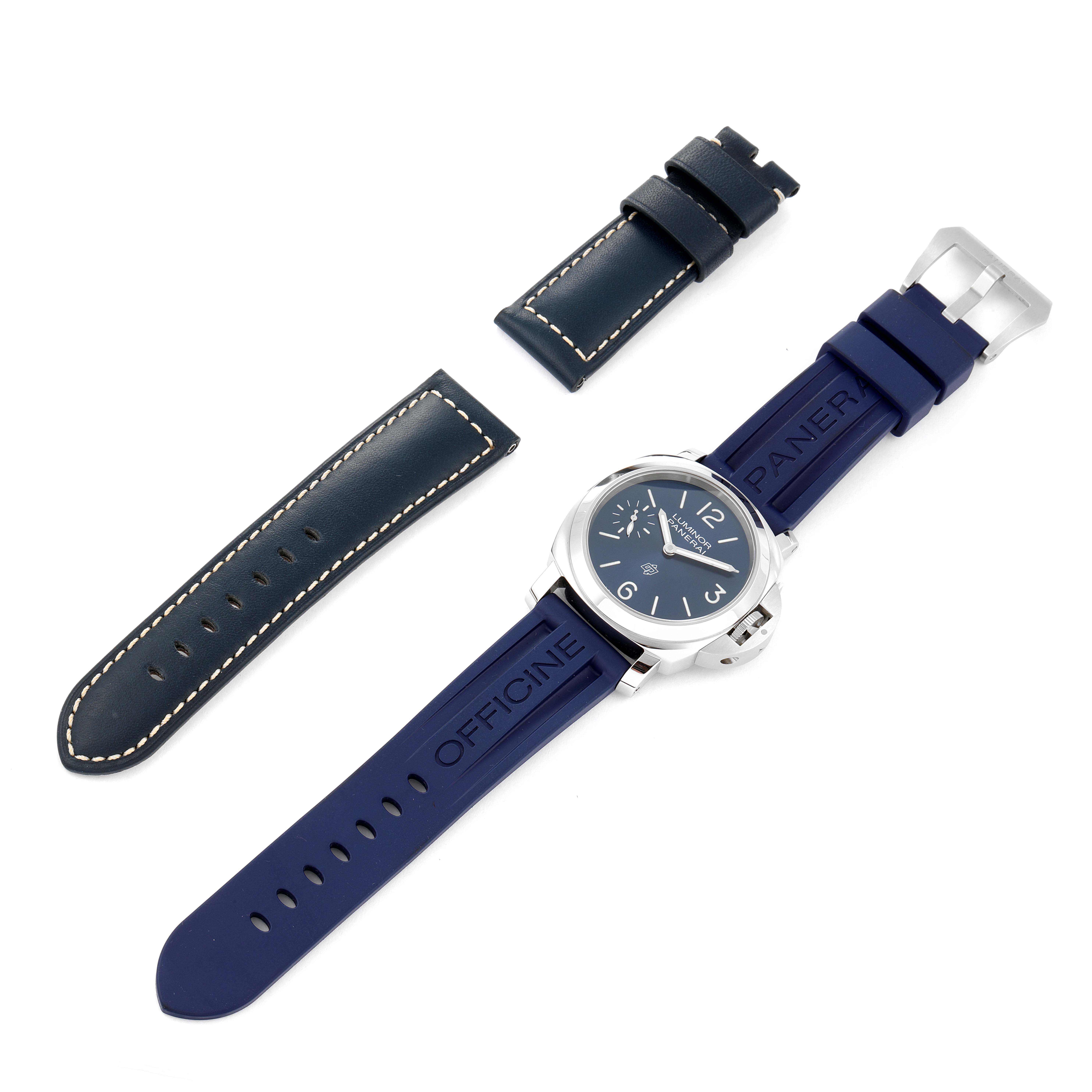 This image shows a Panerai Luminor PAM00631 Men's Stainless Steel Blue Dial PAM00631 Men's Stainless Steel Blue Dial watch with a blue rubber strap and an additional detached leather strap from a top-down angle.