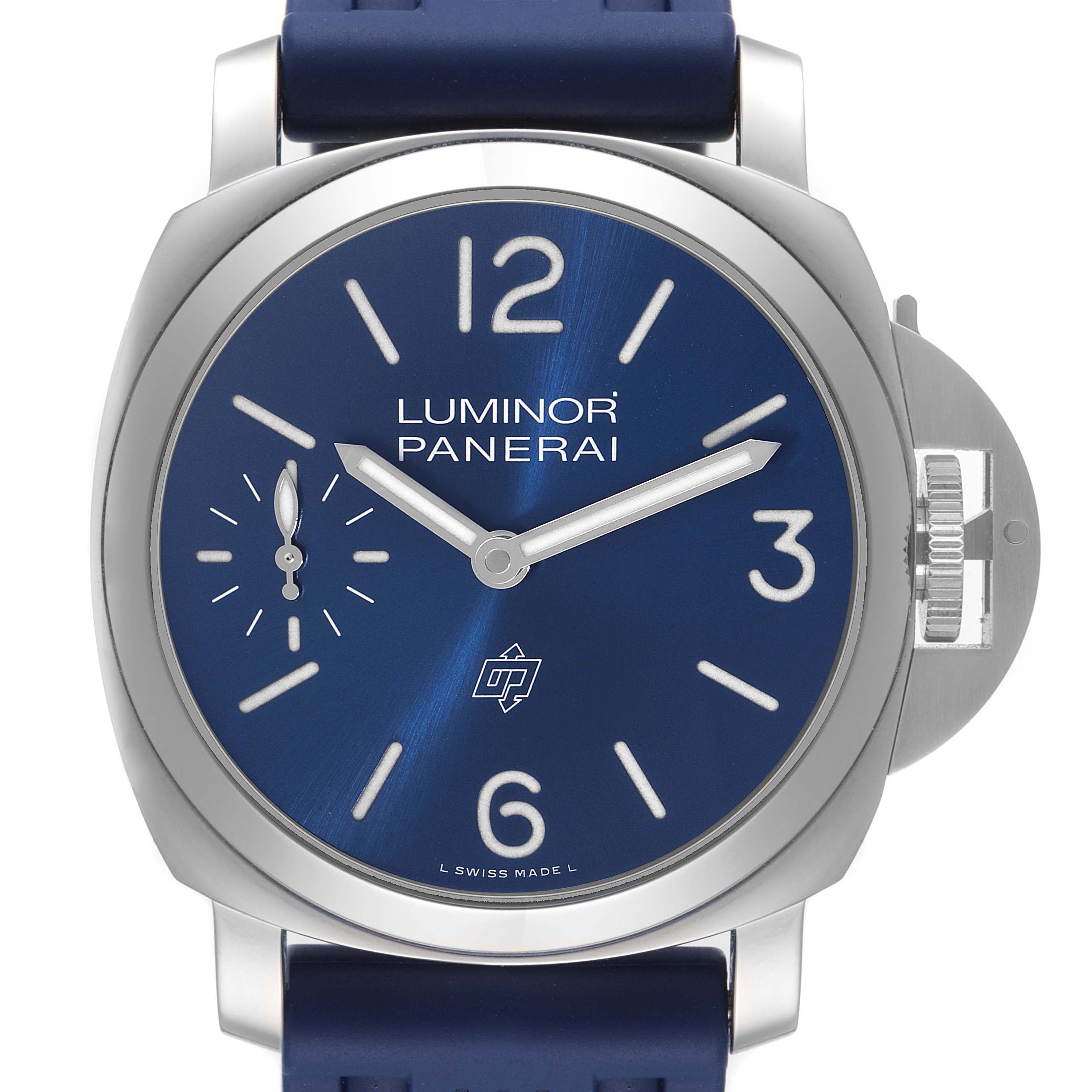 This image shows a front view of a Panerai Luminor PAM00631 Men's Stainless Steel Blue Dial PAM00631 Men's Stainless Steel Blue Dial watch with a blue dial and stout case.