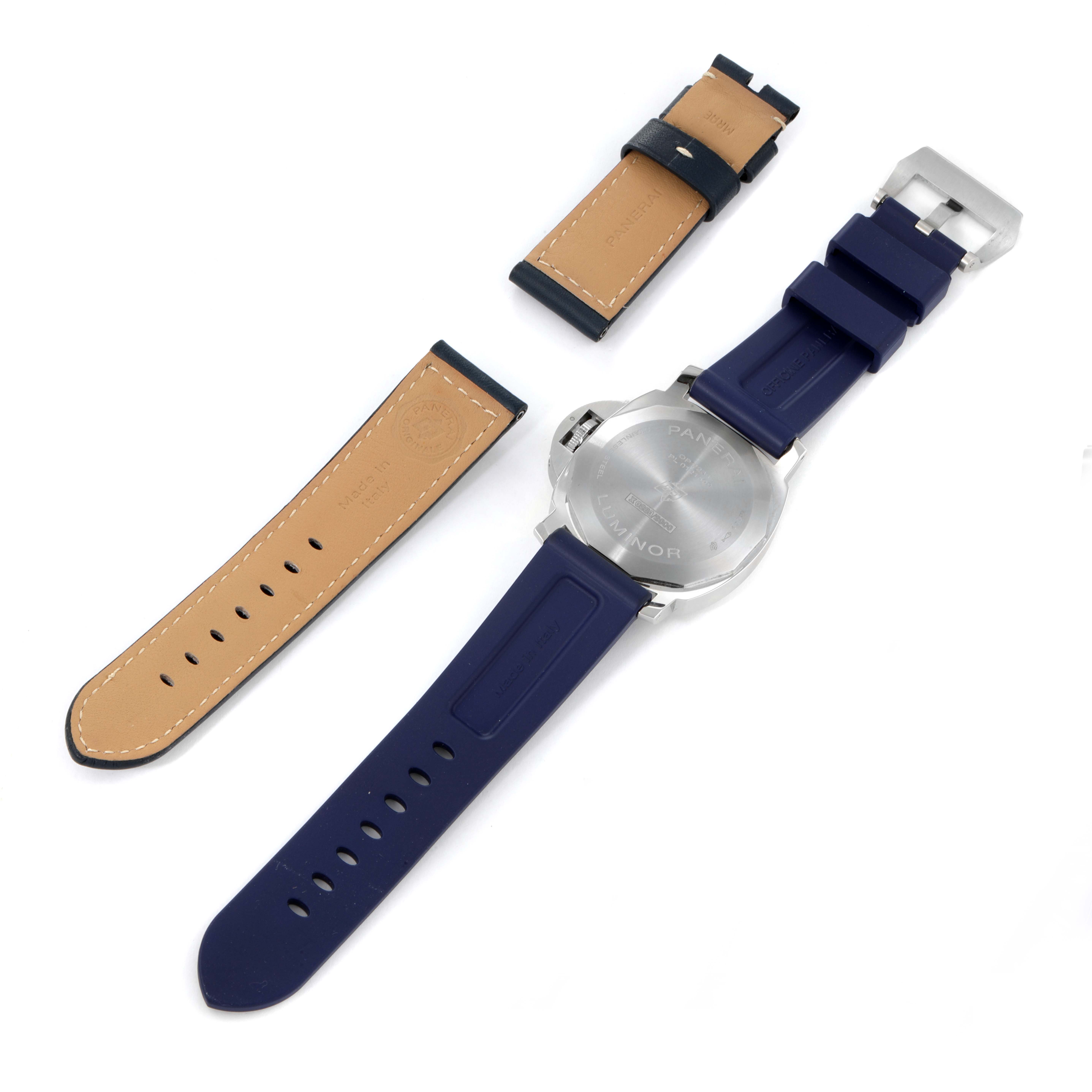 This image shows the back view of the Panerai Luminor PAM00631 Men's Stainless Steel Blue Dial PAM00631 Men's Stainless Steel Blue Dial watch with separate leather and rubber straps.