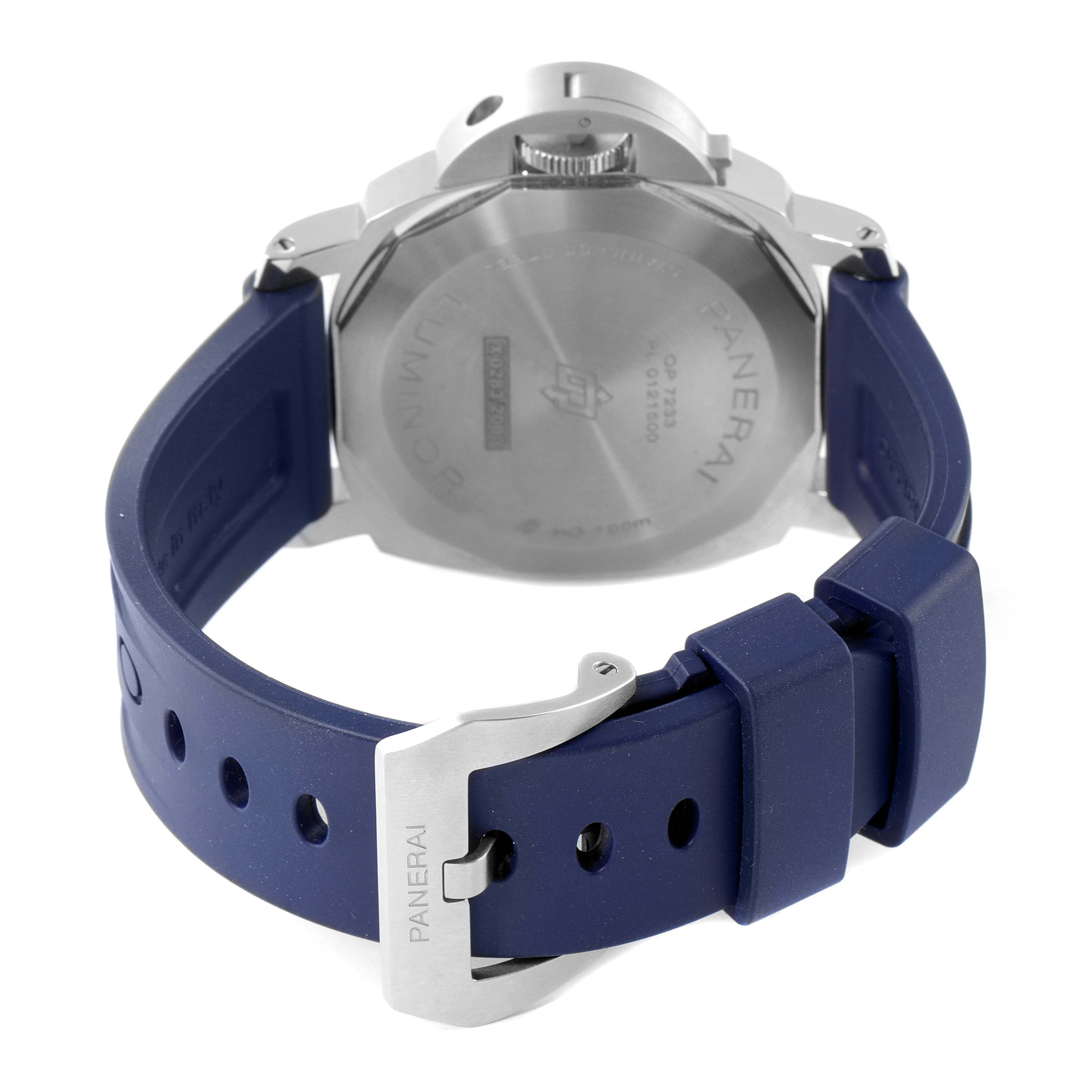 The image displays the back of a Panerai Luminor PAM00631 Men's Stainless Steel Blue Dial PAM00631 Men's Stainless Steel Blue Dial watch and its blue strap with a buckle.