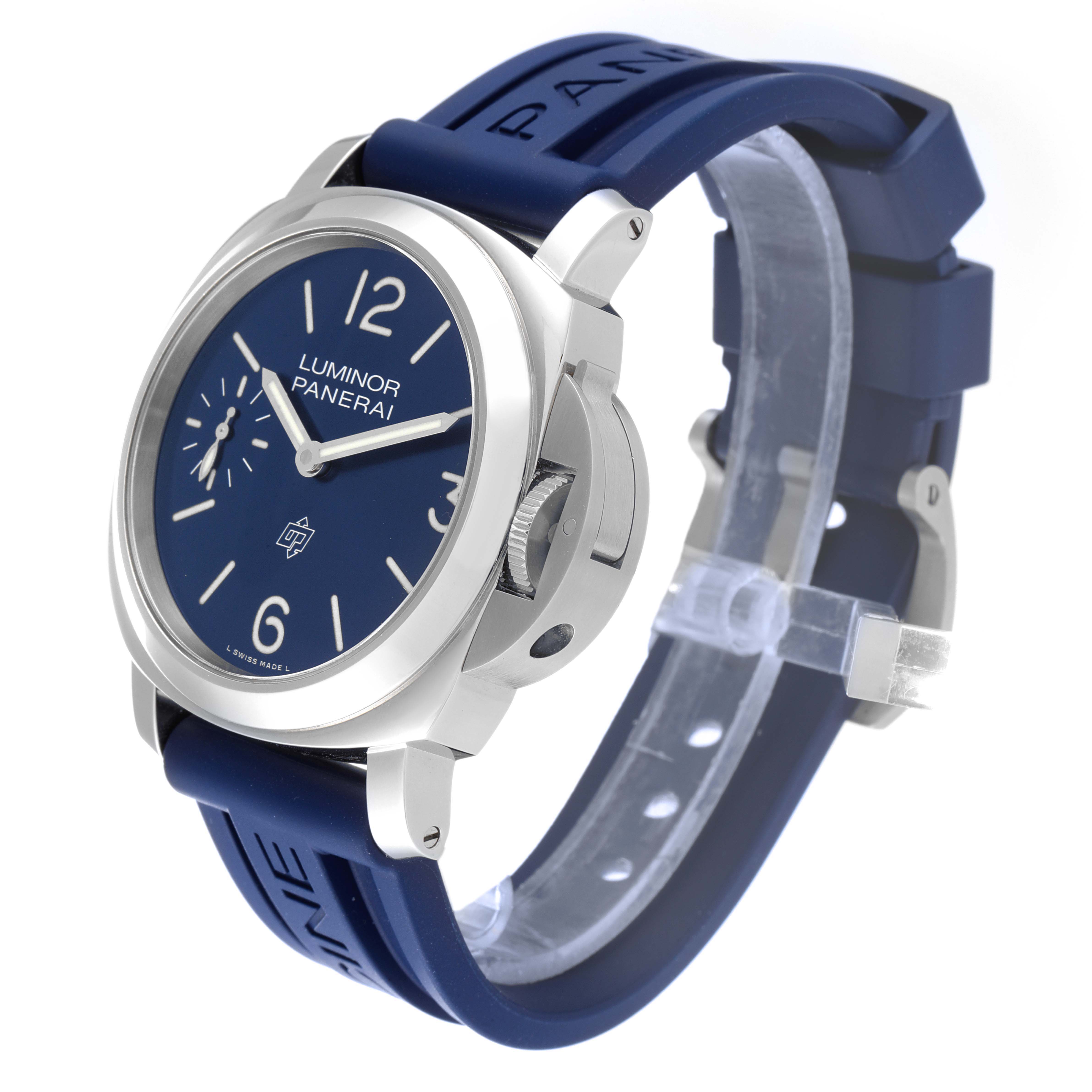 The image shows a Panerai Luminor PAM00631 Men's Stainless Steel Blue Dial PAM00631 Men's Stainless Steel Blue Dial watch at a slight angle, displaying the face, crown guard, and blue strap.
