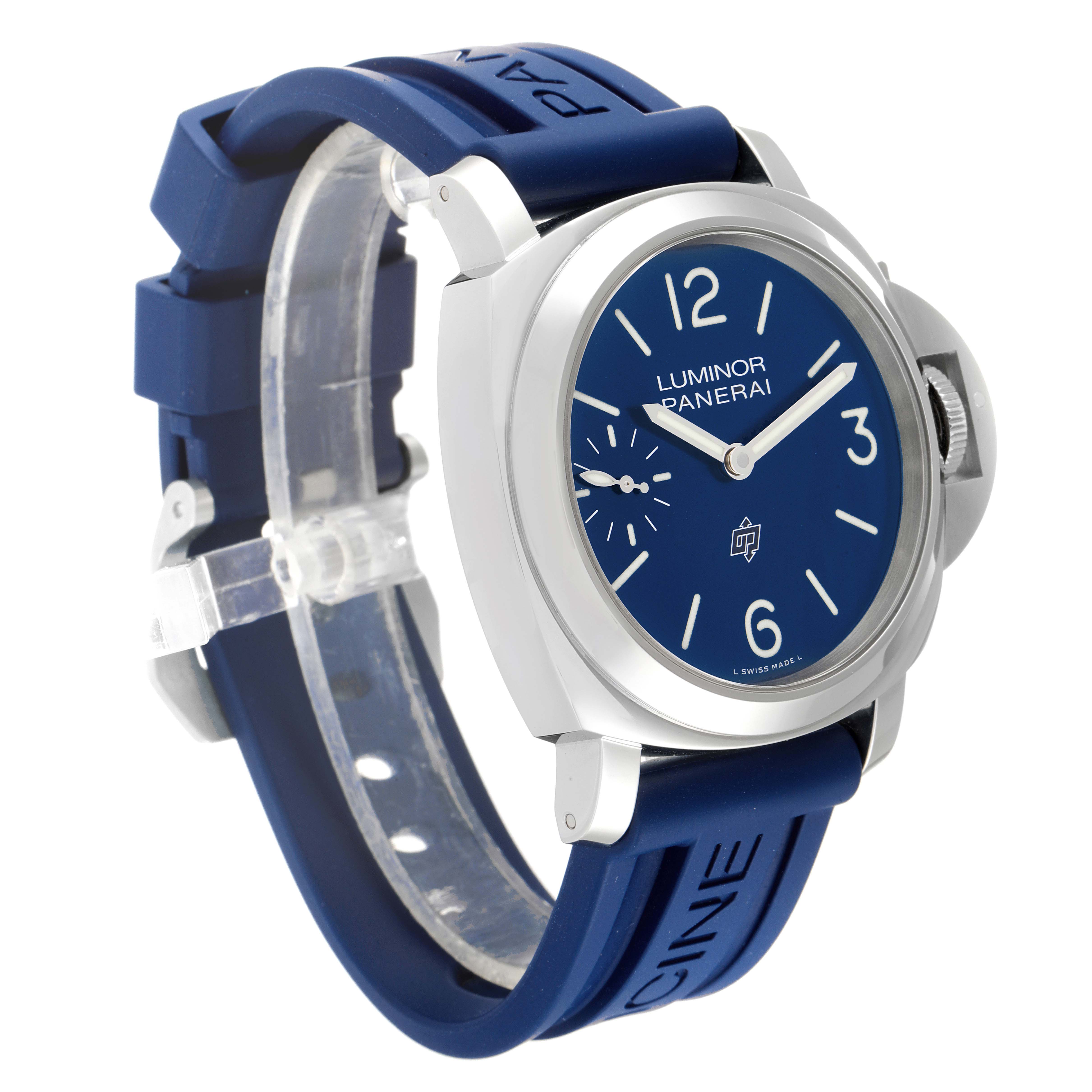 The image shows a Panerai Luminor PAM00631 Men's Stainless Steel Blue Dial PAM00631 Men's Stainless Steel Blue Dial watch at a three-quarter angle, displaying the face, case, and blue rubber strap.