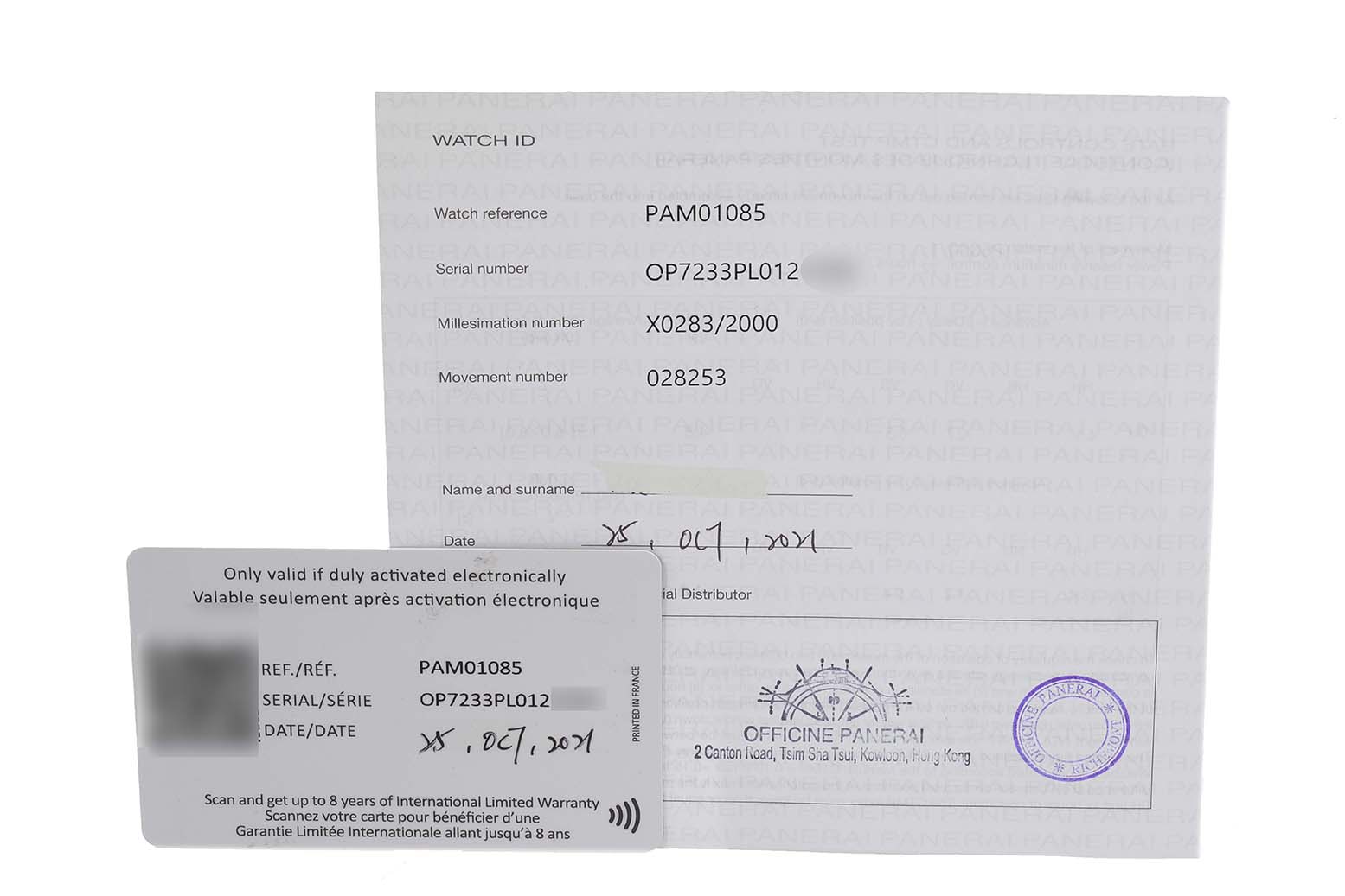 The image shows a warranty card and documentation for the Panerai Luminor PAM00631 Men's Stainless Steel Blue Dial PAM00631 Men's Stainless Steel Blue Dial model PAM01085, displaying serial and reference numbers.