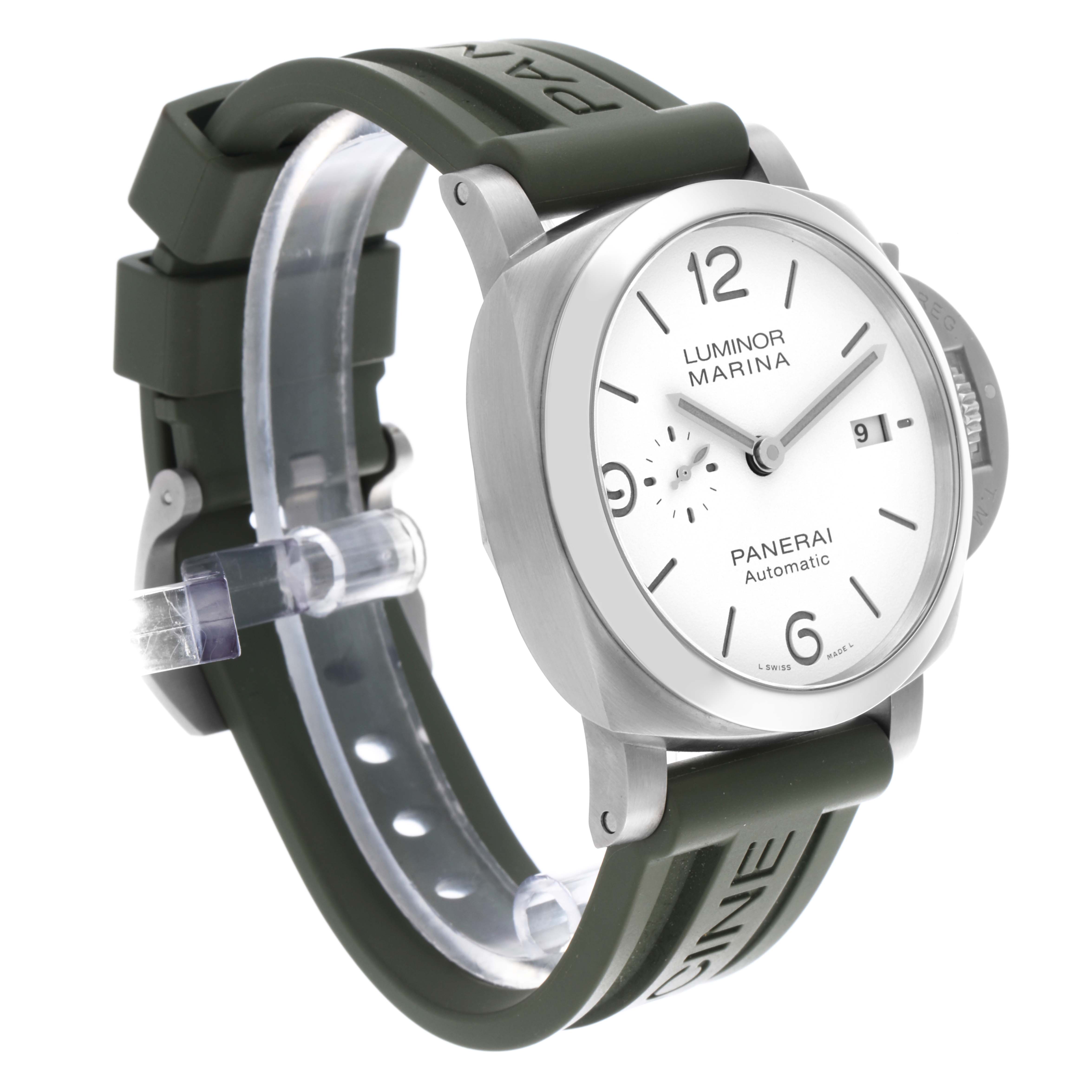 The Panerai Luminor PAM01314 Men's Stainless Steel White Dial PAM01314 Men's Stainless Steel White Dial watch is shown at a three-quarter angle, highlighting the dial, case, and olive green strap.
