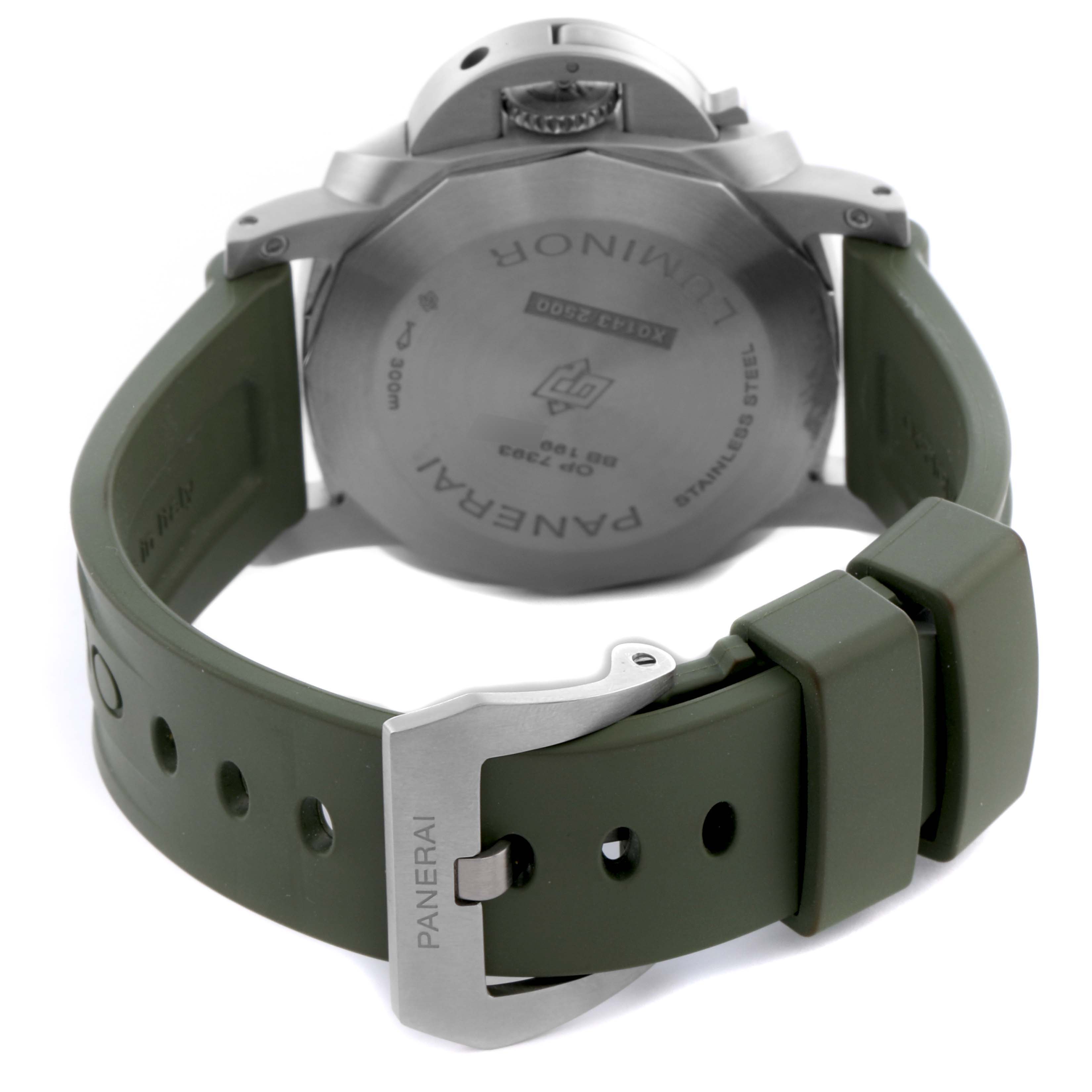 The image shows the backside of a Panerai Luminor PAM01314 Men's Stainless Steel White Dial PAM01314 Men's Stainless Steel White Dial watch, highlighting the case back, crown, and green strap with buckle.