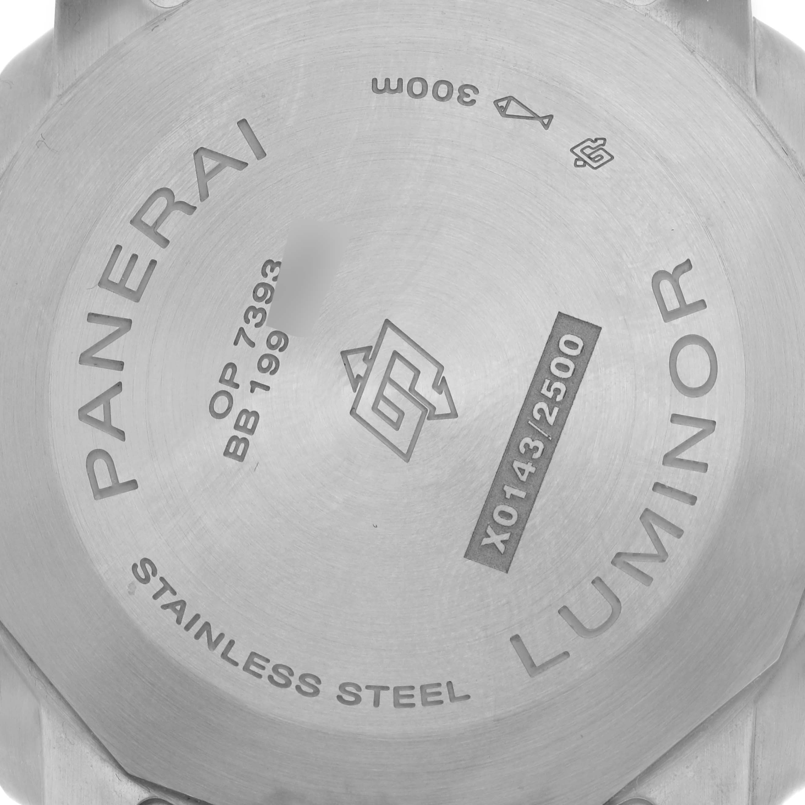 The image shows the back case of a Panerai Luminor PAM01314 Men's Stainless Steel White Dial PAM01314 Men's Stainless Steel White Dial watch, highlighting its engravings.