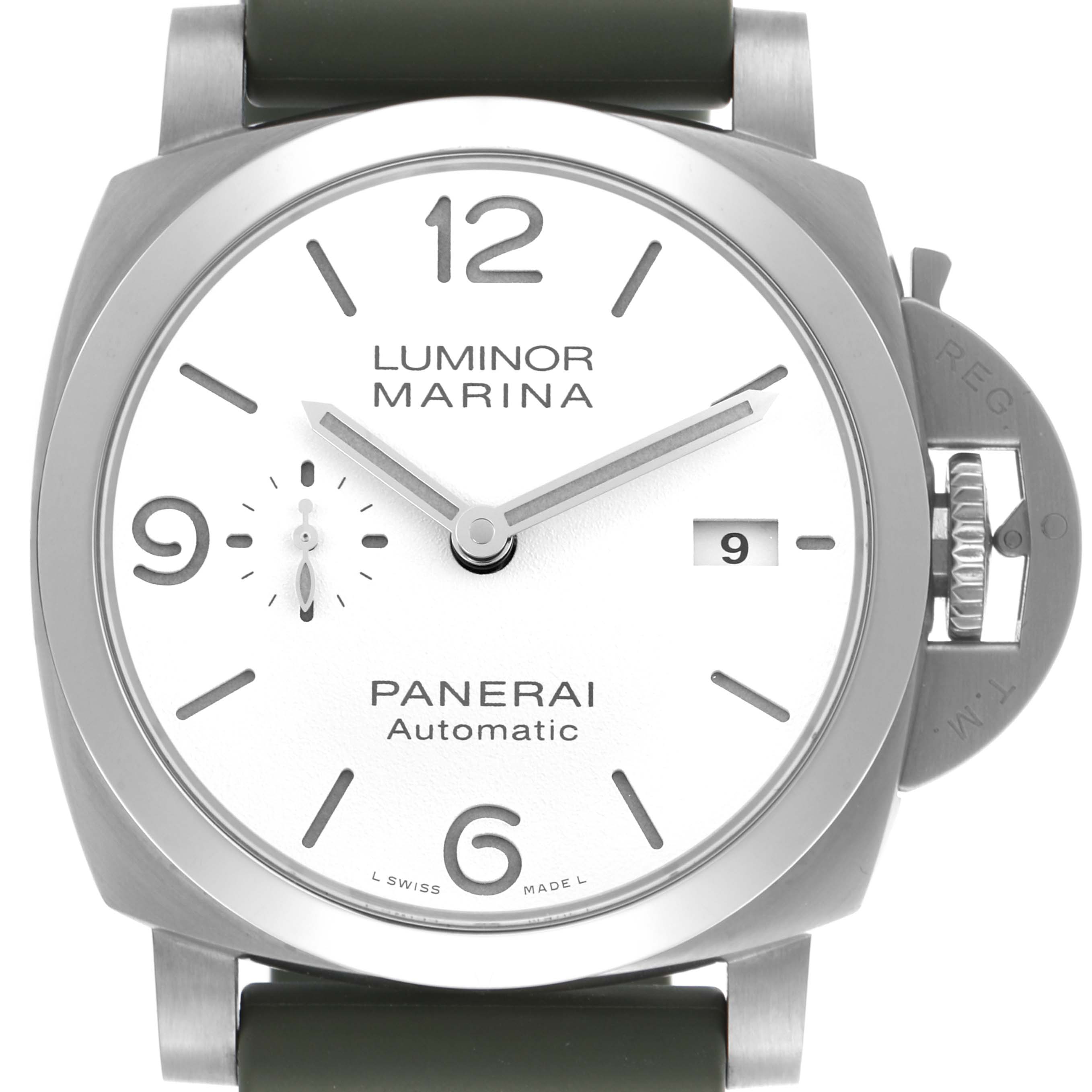 The image shows a front view of the Panerai Luminor PAM01314 Men's Stainless Steel White Dial PAM01314 Men's Stainless Steel White Dial watch, highlighting its white dial, crown guard, and green strap.