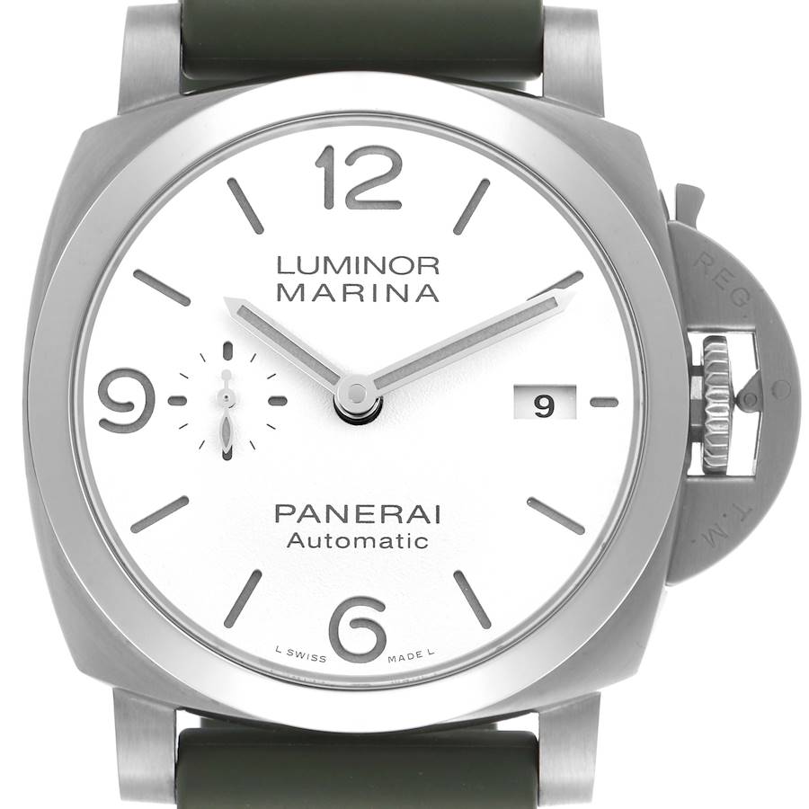 The image shows a front view of the Panerai Luminor watch, highlighting its white dial, crown guard, and green strap.