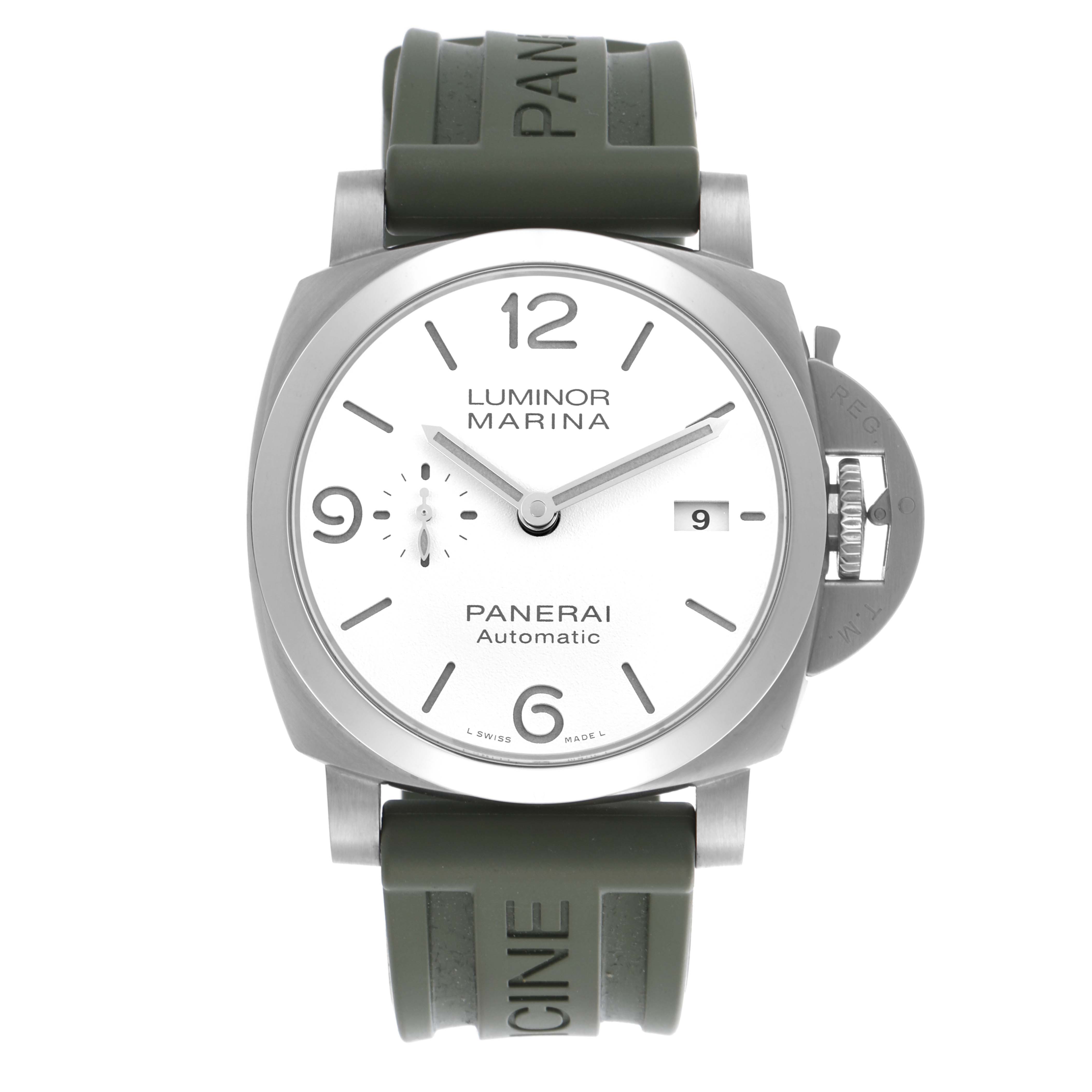 The image shows a Panerai Luminor PAM01314 Men's Stainless Steel White Dial PAM01314 Men's Stainless Steel White Dial watch from a frontal angle, highlighting its dial, crown guard, and green strap.