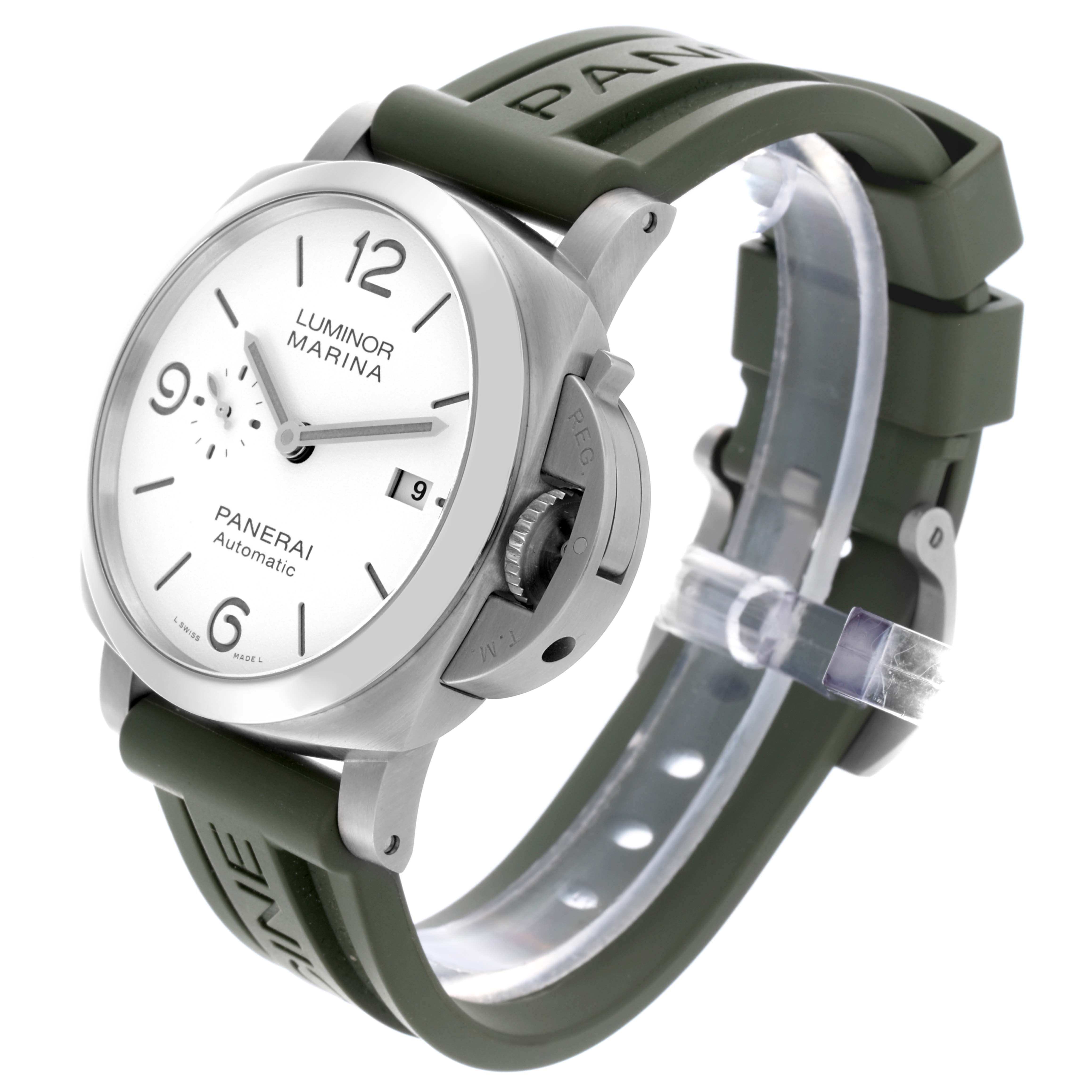 The Panerai Luminor PAM01314 Men's Stainless Steel White Dial PAM01314 Men's Stainless Steel White Dial watch is shown at a three-quarter angle, highlighting the side, face, and green strap.